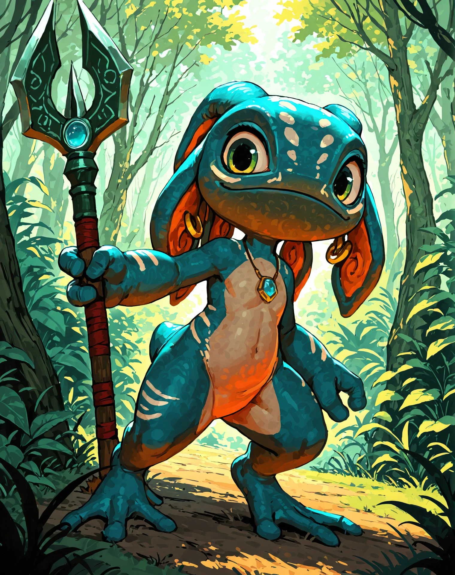 <lora:FizzIllustriousV1-000065:1>
Fizz, Yordle, marine, nude, solo, amphibian, blue body BREAK
spear, holding weapon, action pose, BREAK on a jungle, tribal, tribe, face paint, necklace, earrings, tribal markings, bodypaint, jewelry , BREAK
<lora:spo_sdxl_10ep_4k-data_lora_webui:1> highly detailed, detailed background, absurdres, high resolution, 8K, highres, 4k, 2k, high detail, masterpiece, best quality, amazing quality, very aesthetic, absurdres, newest, scenery, ultra-detailed, newest, scenery, volumetric lightingâââ