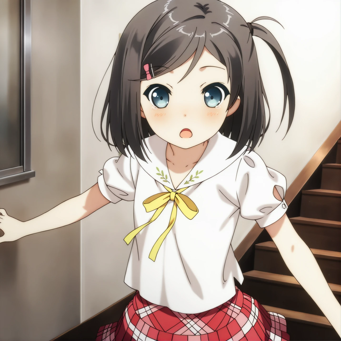 masterpiece, best quality, amazing quality, very aesthetic, absurdres, tsutsukakushi tsukiko, blue eyes, one side up, 1girl, solo, uniform, white shirt, plaid skirt, yellow ribbon, open mouth, surprised, staircase <lora:tsukiko_v1:1>