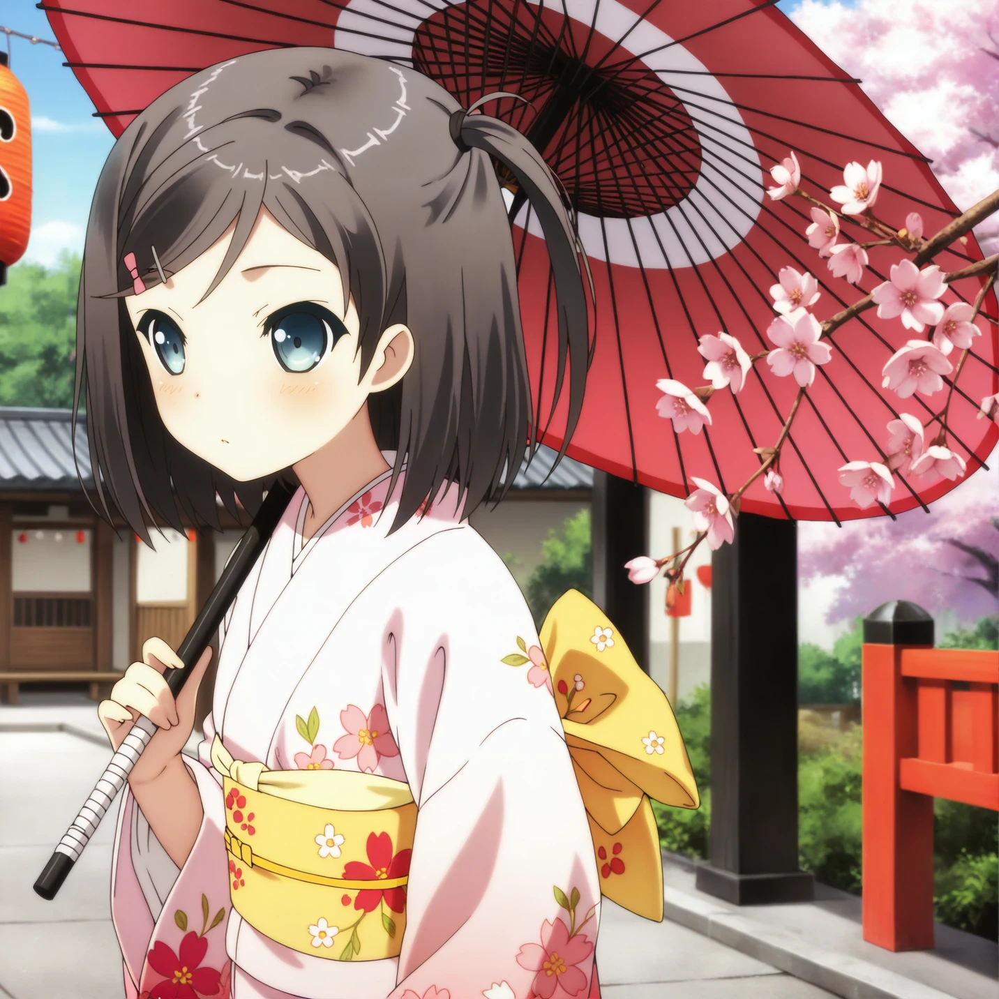 masterpiece, best quality, amazing quality, very aesthetic, absurdres, tsutsukakushi tsukiko, blue eyes, one side up, 1girl, solo, pink kimono, obi, cherry blossoms, floral print, oil-paper umbrella, festival <lora:tsukiko_v1:1>