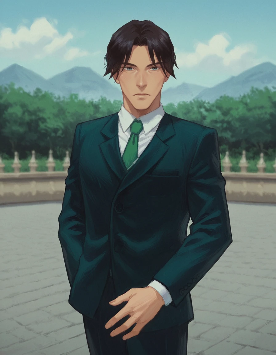 score_9, score_8_up, score_7_up, zPDXL, masterpiece, anime, <lora:sn0wStyle:1> <lora:HKHorrorXL:1> solo, 1boy, necktie, male focus, formal, green necktie, suit,  outdoors, black hair, long sleeves, shirt, keiya tenpouin <lora:Keiya_Tenpouin_Evil_Zone:0.9>