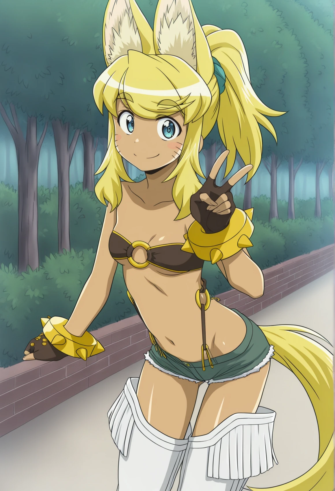 liru, 1girl, beltbra, shorts, denim_shorts, denim, thighhighs, underboob, breasts, gloves, night, hands_on_hips, sky, furry, short_shorts, navel, midriff, fingerless_gloves, from_below, night_sky, smile, grey_shorts, star_(sky), moon, cutoffs, outdoors, boots, thigh_boots, underwear, panties, starry_sky, blue_shorts, body_fur, standing, full body, smiling, open mouth, boots, full body, feet
