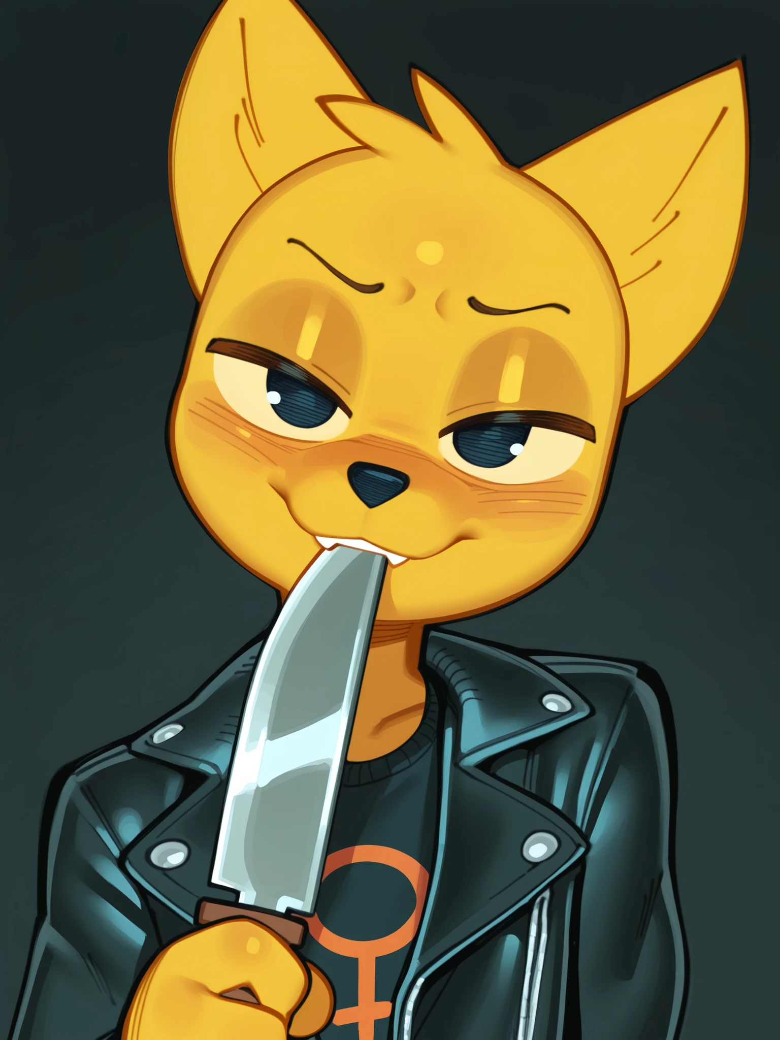 (masterpiece, best quality, very aesthetic, absurdres artist:wamudraws, black background, simple background) ,male, gregg lee, night in the woods, anthro, canine, fox, furry, black eyes, leather jacket, undershirt, looking at viewer, yellow body, holding knife, knife to mouth,  dutch angle, (upper body, headshot portrait:1.3), head tilt, shaded face, evil, teeth, smug, yellow fur, solo, tan sclera, (shaded face:1.4) <lora:Wamudraws_Style_Ill:1>