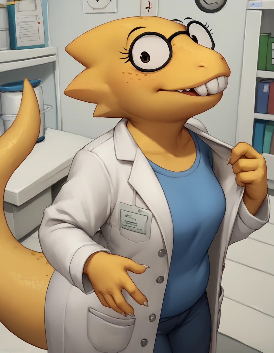 zPDXL3,buckteeth,<lora:Alphys_Pony:0.8>,female,upper_teeth,lab coat,yellow body,shirt,tail,freckles,scalie,plump female,alphys,looking_at_viewer,alphys,, <lora:PDXL_artist_tags_v2_big:1>