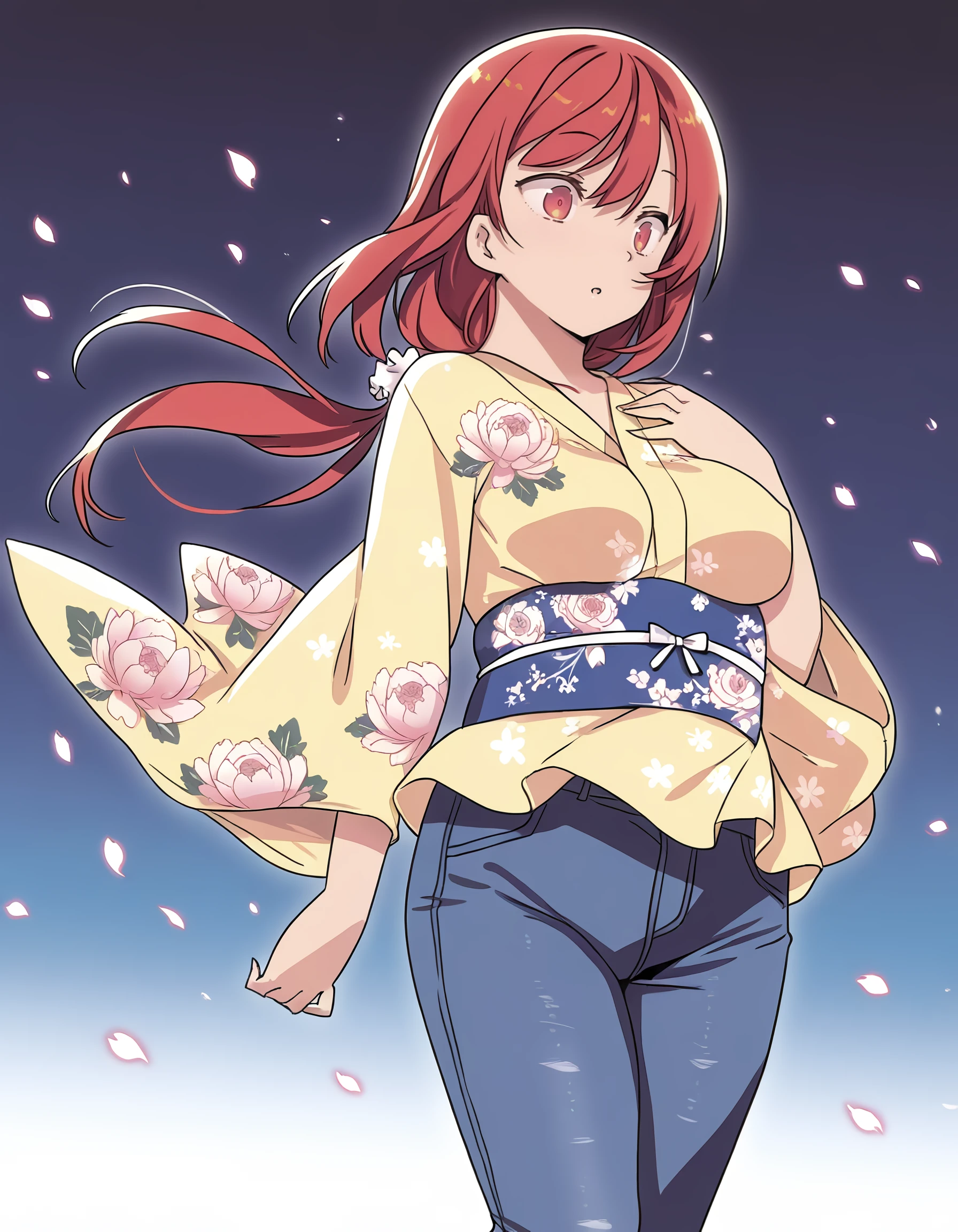 <lora:natsumi_il:1> rating:safe, natsumi, long_hair, red_hair, red_eyes, mature_female, yellow_shirt, denim, jeans, 1girl, :o, blue_sash, feet_out_of_frame, floral_print, furisode, glowing, glowing_petals, negative_space, obi, parted_lips, peony_print, petals, sash, solo, standing, wind, (tsuruse:0.8, nori_tamago:0.8), (blade_\(galaxist\:1.3),, masterpiece, detailed, best_quality