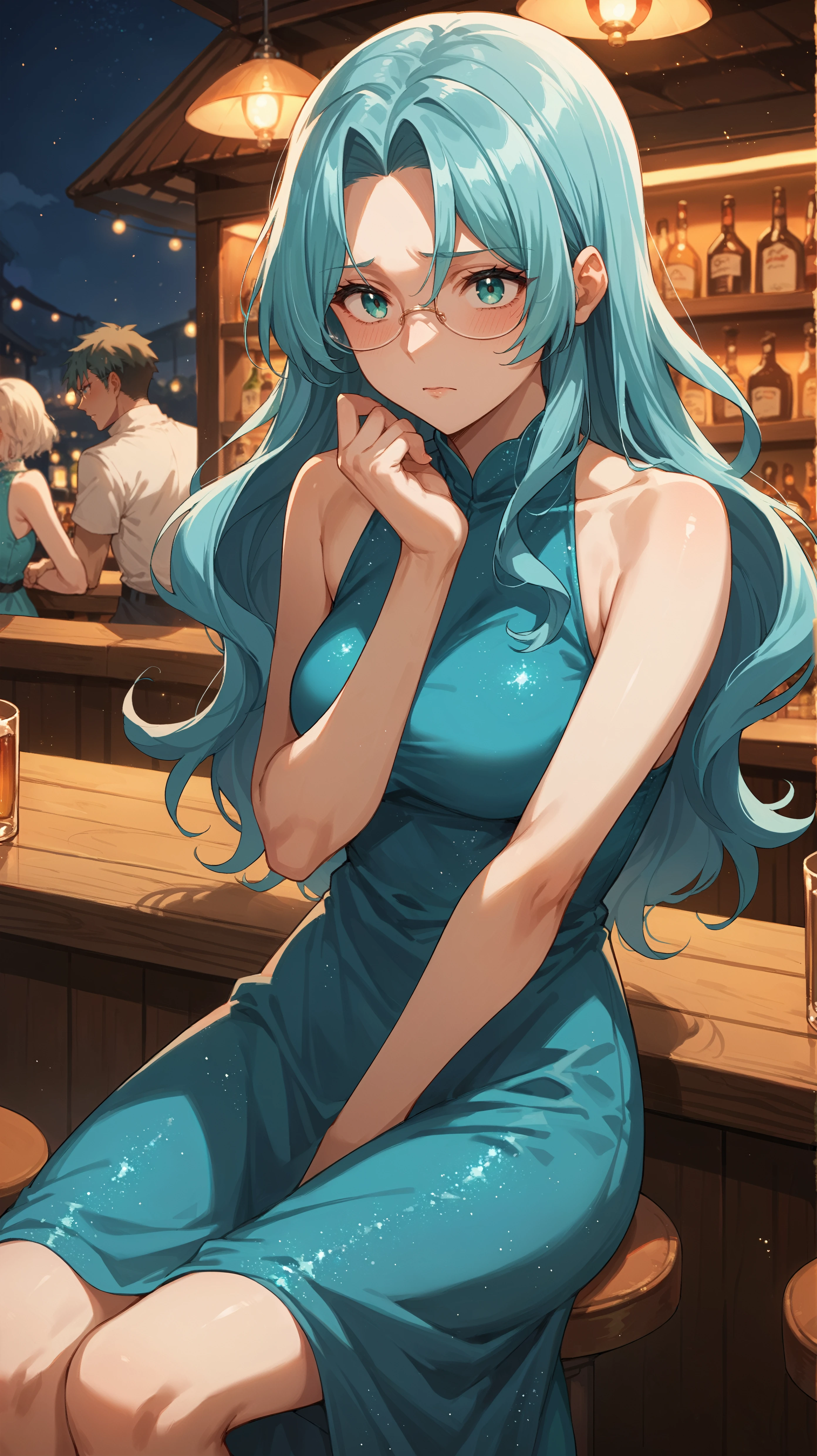 score_9,score_8_up,score_7_up,score_6_up, <lora:xl_more_art-full_v1:0.5>, source_anime, woman, dynamic pose, sitting, <lora:Eva Aensland - Pony-000004:0.8>, long hair, aqua hair, aqua eyes, round glasses, teal dress, glitter dress, bar, darkness, night, shy, sleeveless, parted bangs,
