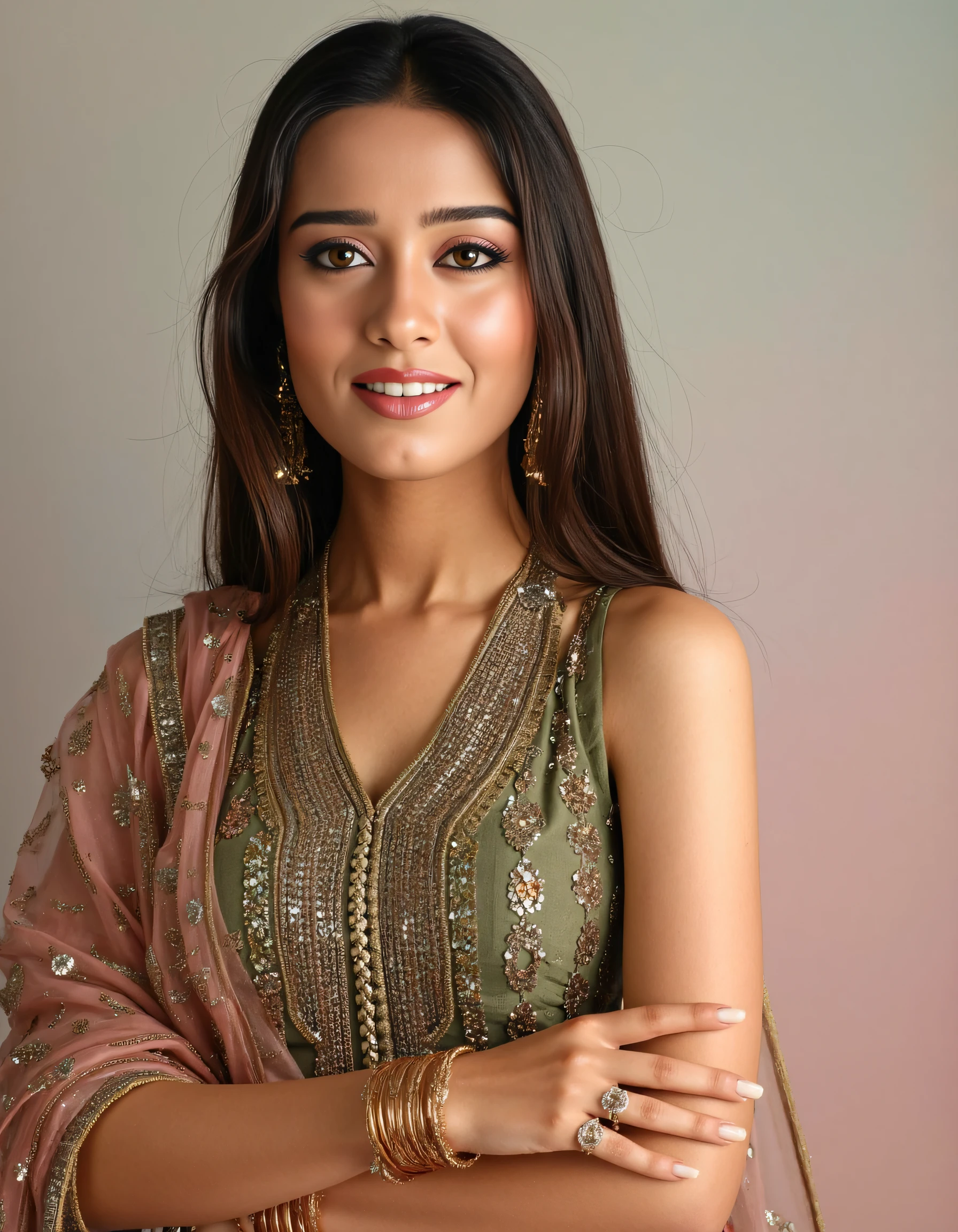 full body photo of Amrita Rao woman,hyper realistic candid photo studio quality, wearing intricate conservative sleeveless Olive Phulkari Suit, straight hair, pastel shaded multicolored background, cinematic lighting <lora:Amrita_Rao_Flux_Kohya_LoRA_v1:1>âââ