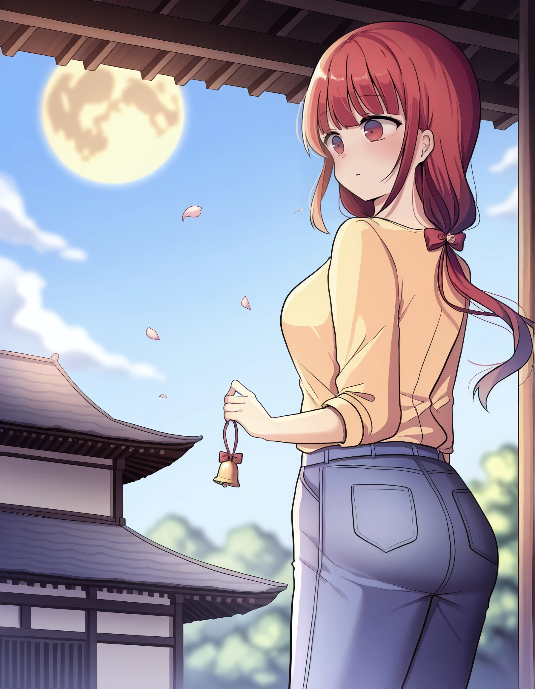 <lora:natsumi_il:1> rating:safe, natsumi, long_hair, red_hair, red_eyes, mature_female, yellow_shirt, denim, jeans, 1girl, architecture, back, bell, blue_sky, blurry, blurry_background, bow, breasts, depth_of_field, east_asian_architecture, elf, falling_petals, flower, full_moon, holding, moon, petals, red_bow, sky, solo, standing, (tsuruse:1.2), (1980s_\(style\)),, masterpiece, detailed, best_quality