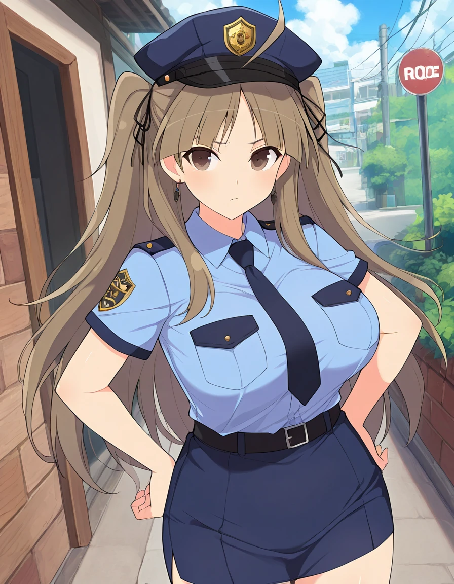 masterpiece,best quality, good quality,
1girl,outdoors
standing,
<lora:ill-kagura-renka:1>kgrrnk,ahoge,large breasts,brown hair, brown eyes, long hair, 
police uniform, police hat,hair ribbon