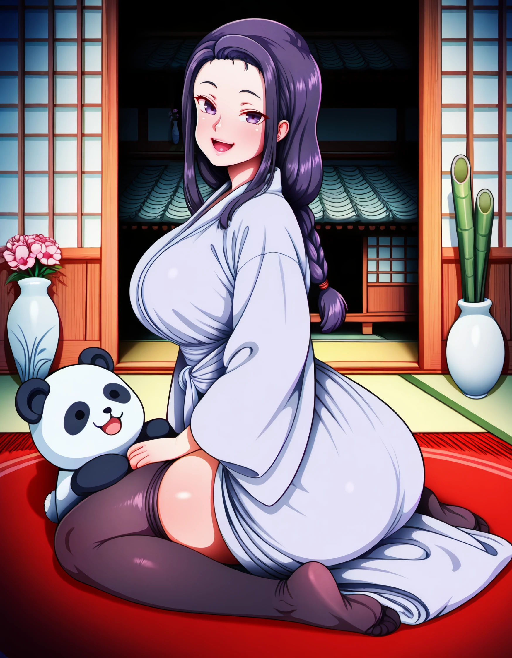 <lora:tsubaki_il:1> rating:safe, tsubaki, long_hair, black_hair, purple_hair, braid, purple_eyes, mature_female, japanese_clothes, 1girl, architecture, bamboo, black_thighhighs, east_asian_architecture, flower_knot, looking_at_viewer, open_mouth, rug, smile, solo, stuffed_panda, stuffed_toy, thighhighs, vase, (neocoill:1.2), (1980s_\(style\)),, masterpiece, detailed, best_quality