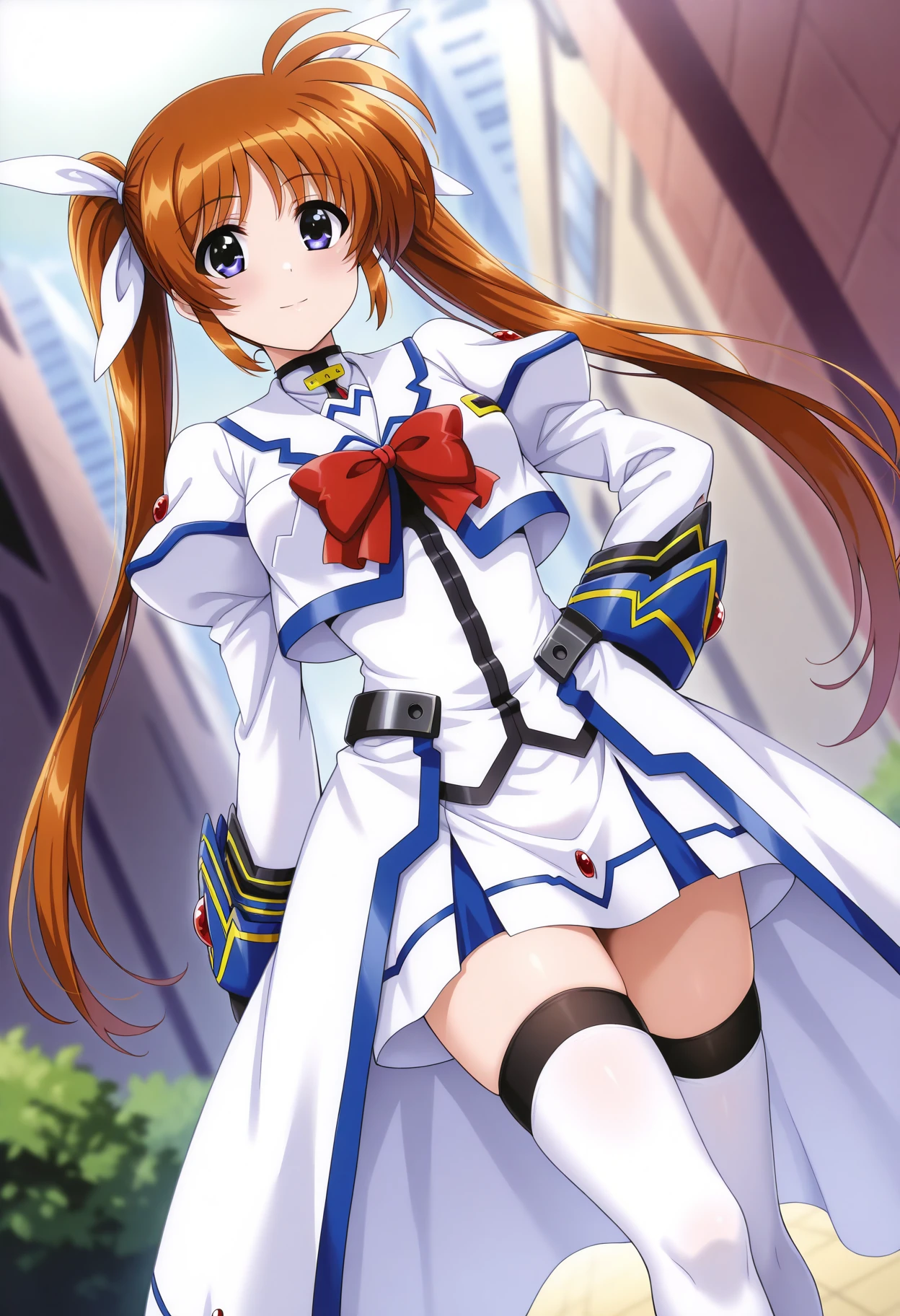 masterpiece, absurdres, highres, 1girl, c-takamachi, very long hair, twintails, orange hair, hair ribbon, white short dress, red bowtie, juliet sleeves, long sleeves, waist cape, white thighhighs, outdoors, depth of field, dutch angle, looking at viewer, light smile,