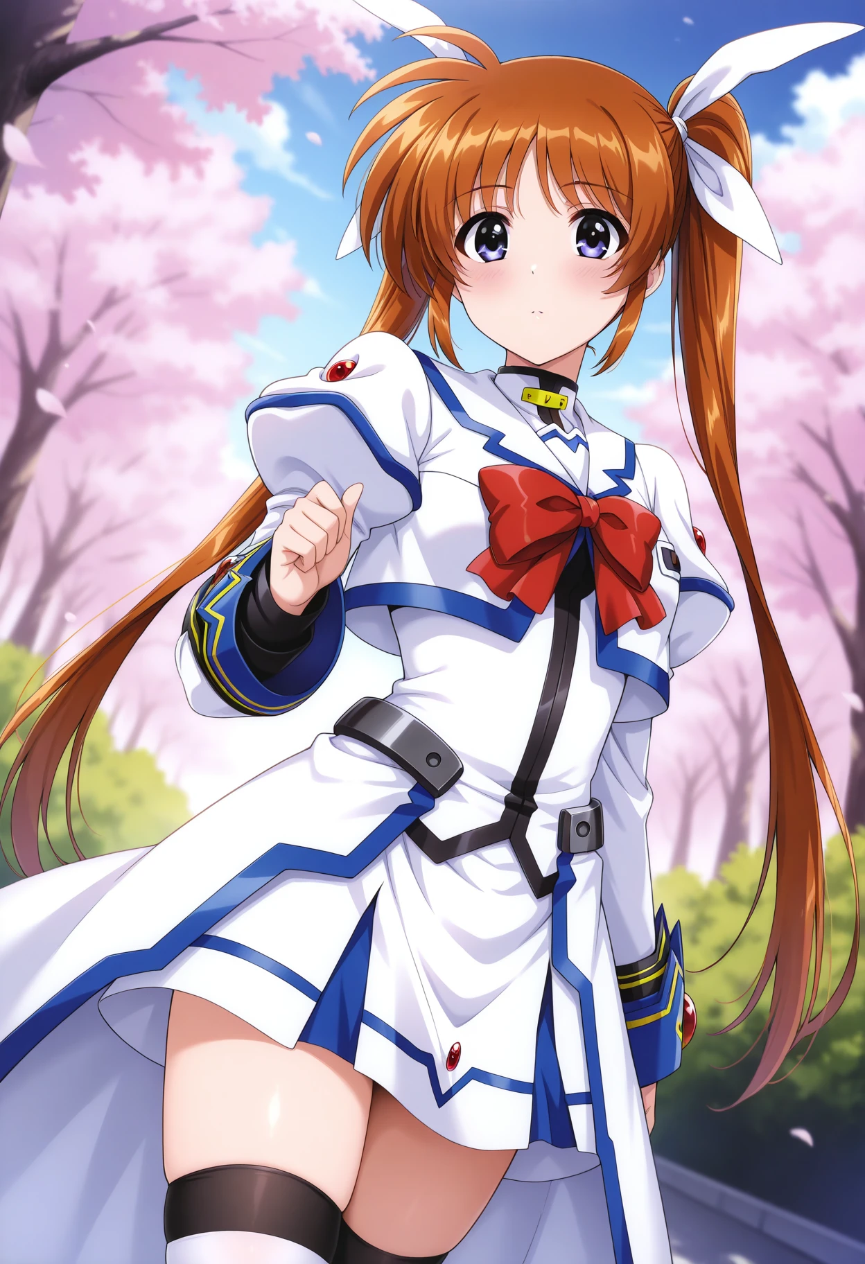 masterpiece, absurdres, highres, 1girl, c-takamachi, very long hair, twintails, orange hair, hair ribbon, white short dress, red bowtie, juliet sleeves, long sleeves, waist cape, white thighhighs, outdoors, depth of field, dutch angle, looking at viewer,