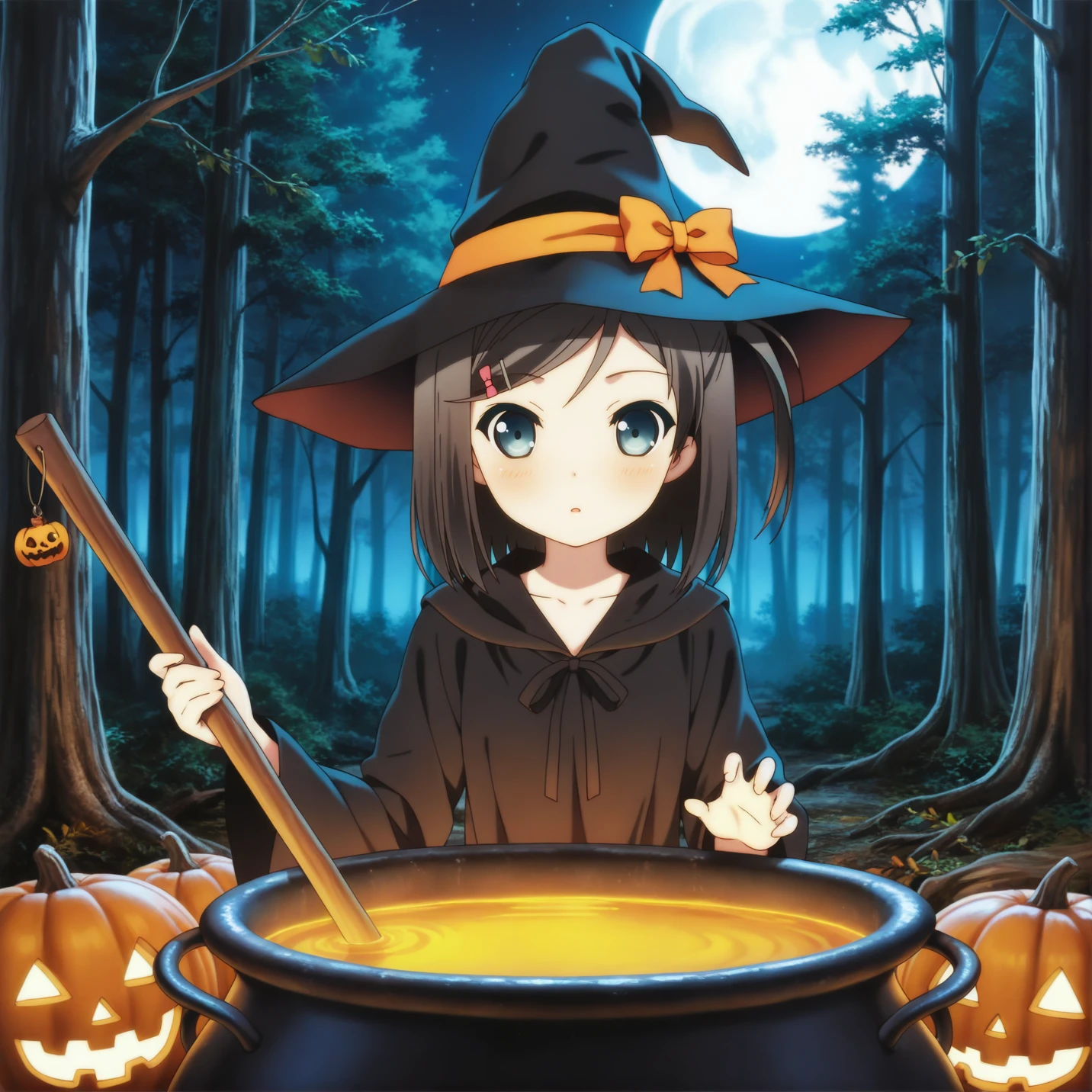 masterpiece, best quality, amazing quality, very aesthetic, absurdres,halloween, witch, witch hat, black robe, witch costume, tsutsukakushi tsukiko, blue eyes, 1girl, solo, cauldron, forest, night, full moon <lora:tsukiko_v1:1>