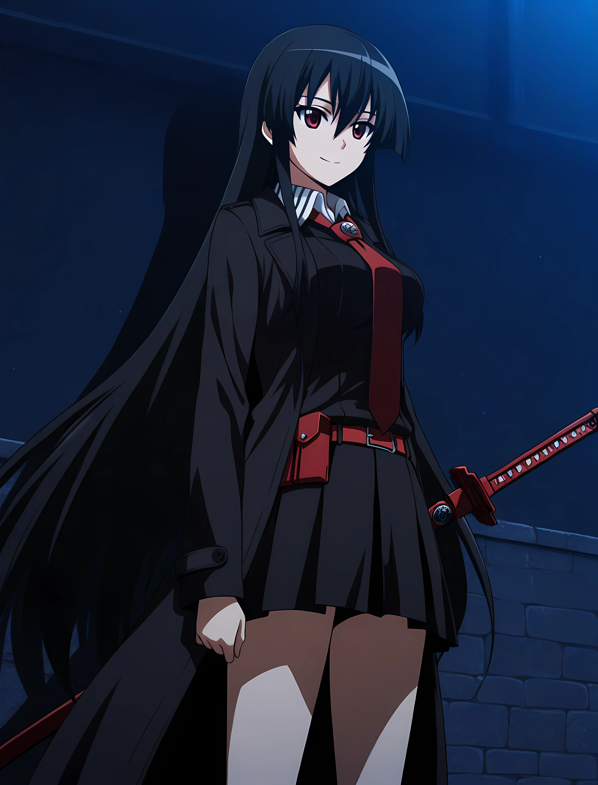 akame-illustxl, 1girl, long hair, solo, black hair, necktie, red eyes, weapon, very long hair, skirt, sword, black coat, night, dark, belt, trench coat, smile, cowboy shot <lora:Akame-IllustXL:1>, (masterpiece),(best quality),(ultra-detailed),(best illustration),(best shadow),(absurdres),(detailed background),(very aesthetic),
