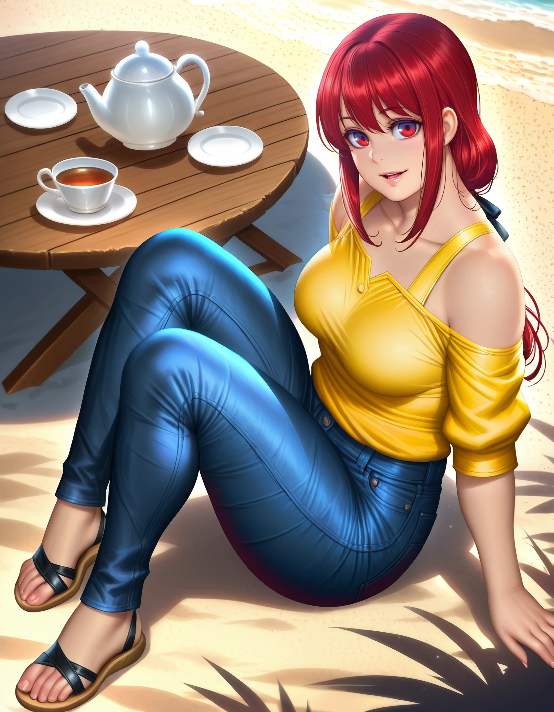 <lora:natsumi_il:1> rating:safe, natsumi, long_hair, red_hair, red_eyes, mature_female, yellow_shirt, denim, jeans, 1girl, bare_shoulders, beach, breasts, collarbone, colored_eyelashes, cup, feet, full_body, legs, light_smile, lips, looking_at_viewer, medium_breasts, open_mouth, parted_lips, sandals, sidelocks, sitting, solo, table, teacup, teapot, thighs, toenails, toes, white_eyelashes, shadow, contrast, glow, (neoartcore:1.1),, masterpiece, detailed, best_quality