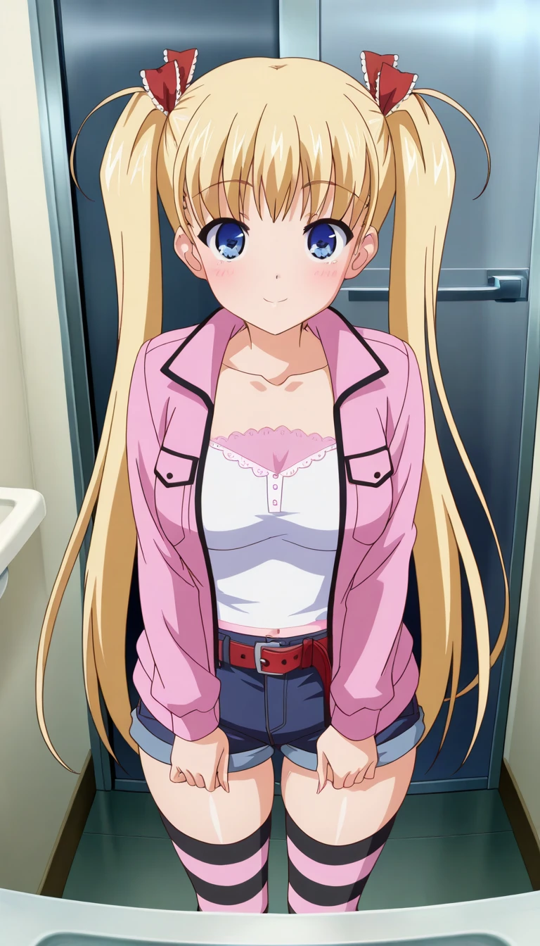 (masterpiece),best quality,amazing quality,very aesthetic,absurdres,newest,perfect body,shiny skin,perfect eyes,detail1eye,well-defined fingers,well-defined fingernails,anime style,indoors,1girl,solo,upper body,(portrait:1.5),looking at viewer,facing viewer,smile,blush,Airi Akizuki,ahoge,very long hair,blonde hair,high twintails,hair ribbon,red ribbon,bangs,blue eyes,collarbone,pink jacket,white camisole,long sleeves,medium breasts,red belt,denim shorts,shorts rolled up,zettai ryouiki,two-tone thighhighs,pink thighhighs,black thighhighs,striped thighhighs,sneakers,<lora:Airi Akizuki(oc)-Illus:2>,