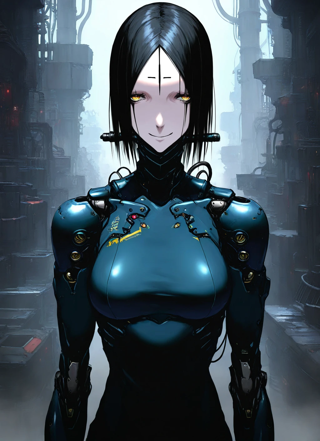artist:, masterpiece, best quality, newest, very awa, absurdres, highres, tmnh, 1girl, sanakan, mild smile, cyborg, black hair, yellow eyes, forehead tattoo, mechanical joints, looking at viewer, futuristic, factory, detailed, <lora:Tsutomu_Nihei_Blame_Style_Illustrious:1.0>