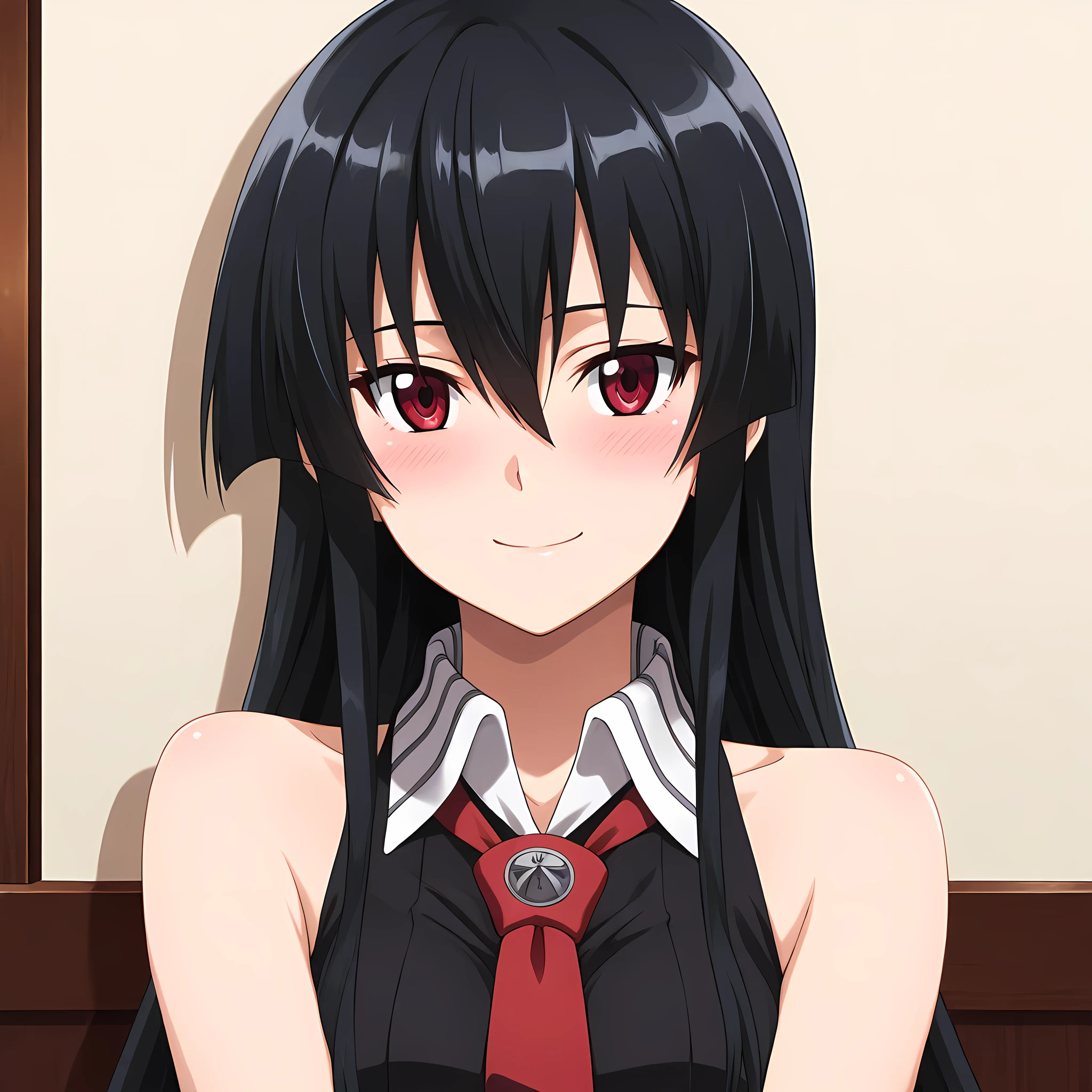akame-illustxl, 1girl, black hair, solo, red eyes, long hair, blush, smile, bare shoulders, looking at viewer, hair between eyes, sleeveless, from the front view, portrait <lora:Akame-IllustXL:1>, (masterpiece),(best quality),(ultra-detailed),(best illustration),(best shadow),(absurdres),(detailed background),(very aesthetic),