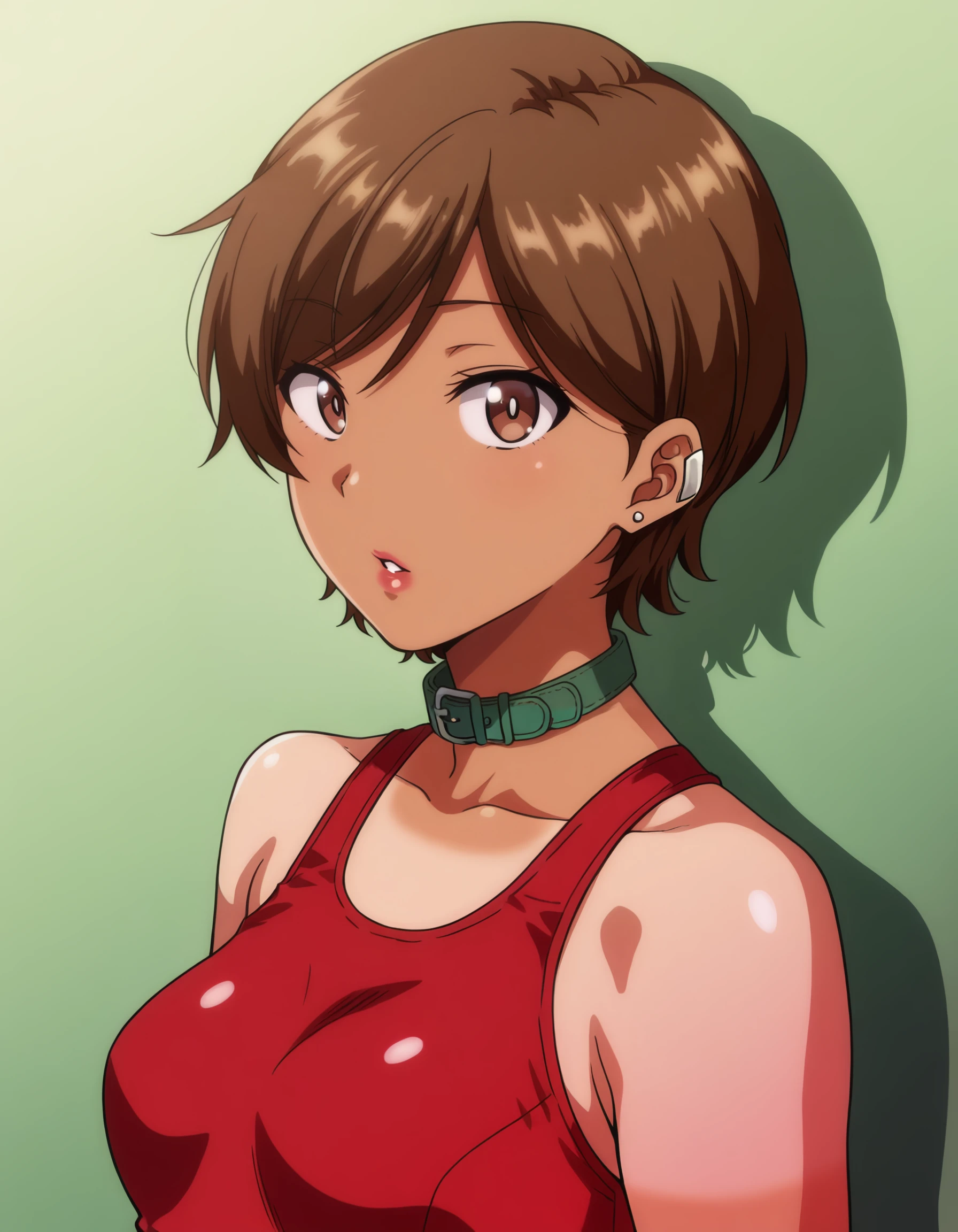 <lora:mio_katou_il:1> rating:safe, mio_katou, dark-skinned_female, brown_hair, short_hair, brown_eyes, tan, tanlines, red_sports_bra, red_buruma, 1girl, collar, earclip, earrings, green_background, jewelry, looking_at_viewer, parted_lips, red_lips, solo, upper_body, shadow, contrast, glow, masterpiece, detailed, best_quality