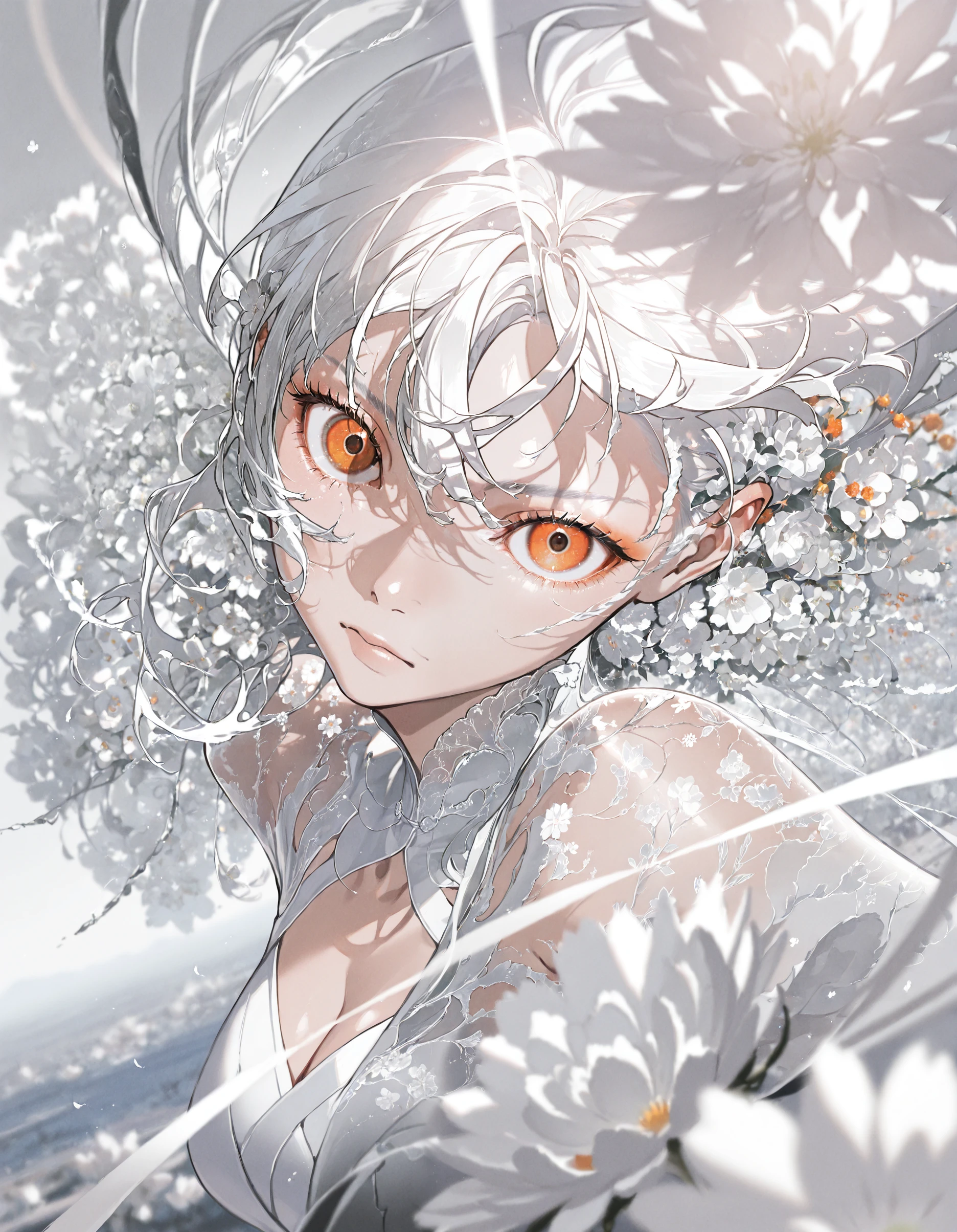 masterpiece, best quality, very aesthetic, digital art, surreal, dynamic composition, Y0ney4m4_illu, 1girl, solo, orange eyes, looking at viewer, long hair, white hair, flower, blurry,
,highly detailed, hyper-realistic, 8k, dynamic angle, illustration, intricate details,masterpiece, very aesthetic, absurdres, <lora:Yoneyama_Mai_illu:1>