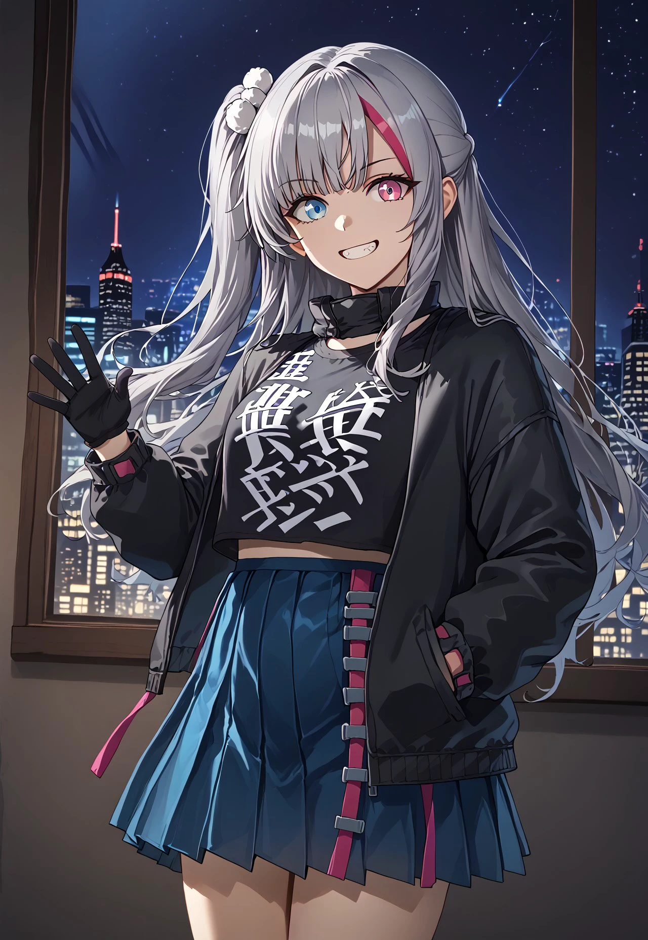 1girl, solo, solo focus, highres, absurdres, Kuro1st, long hair, multicolored hair, streaked hair, blue eyes, bangs, black jacket, heterochromia, pink hair, grey hair, one side up, blue skirt, long sleeves, open jacket, black gloves, black shirt, hair ornament, pleated skirt, hair bobbles, gradient clothes, clothes writing,
looking at viewer, grin,
window, cityscape, neon lights, shade, night, night sky, dark, backlighting,