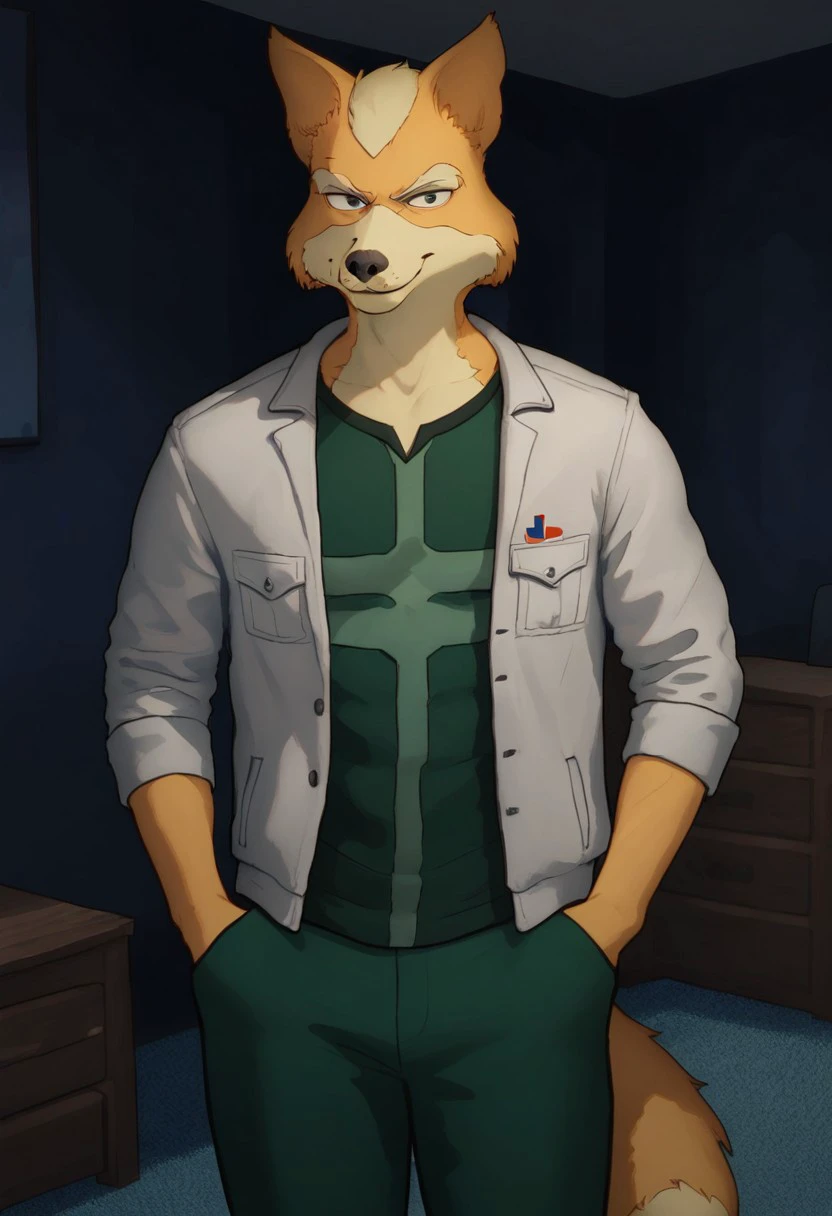score_9_up, score_8_up, score_7_up, Masterpiece, best quality, high quality, detailed, male, solo male, 1boy, Fox McCloud, anthro, fox, mature male, animal ears, tan yellow fur, thick eyebrows, green eyes, athletic build, wide hips, thick thighs, indoors, looking at viewer, standing, hands in pants pockets, smiling, green shirt, white jacket, green pants, half body