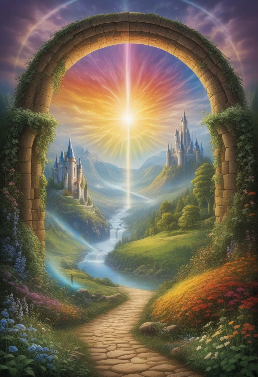 two worlds separated, the rainbow appears as a portal from one world to the other, in front is the realistic matchmaker and beyond the portal is a fantastic fairy-tale world filled with fantastic characters and castles, fairies, elves, dwarves, wizards, fairy-tale castles, a magical forest