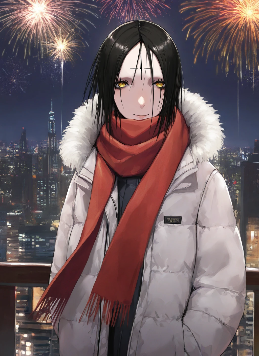 artist:, masterpiece, best quality, newest, very awa, absurdres, highres, tmnh, 1girl, sanakan, forehead tattoo, gentle smile, black hair, yellow eyes, white winter jacket, red scarf, winter, city, fireworks, detailed, <lora:Tsutomu_Nihei_Blame_Style_Illustrious:1.0>