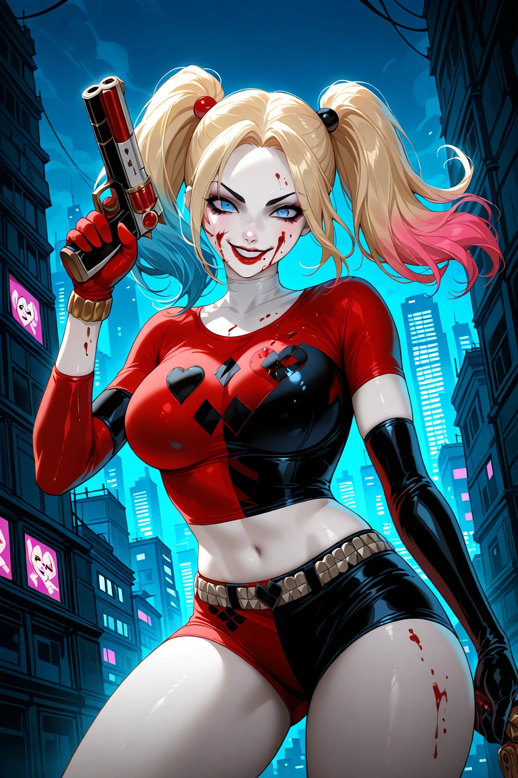 solo, 1girl, <lora:Leirix Illustrious:0.6>, blue eyes, mismatched gloves, cropped shirt, blood on face, evil smile, pale skin, twintails, holding gun, cityscape, shorts, harley quinn, colored tips, blonde hair, large breasts