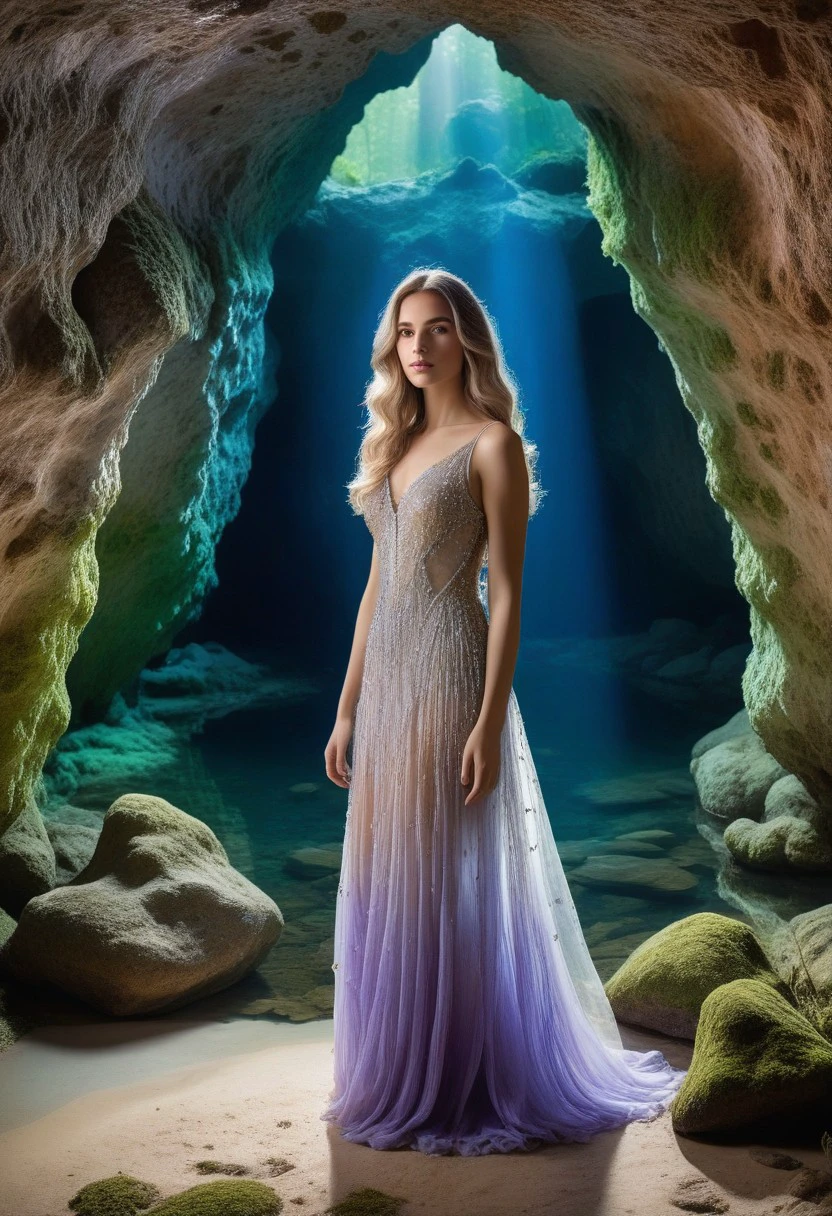 artistic style,watercolor,art portrait of a young woman, depicted in a surrealist style, standing in a fairy-tale cave. Her face is gentle and beautiful, with a light that seems to come from within. Her eyes are large and expressive, with glare that reflects the magical lights of the cave.
Her hair is long and wavy, with colors that flow from platinum white to pale purple. Her hair scatters around her like silk threads, while light particles seem to rise from her and dissolve in the air.
She is dressed in an ethereal dress, made of transparent fabrics that move like water and are decorated with fine details and shiny elements. The dress is created so that it seems to merge with its surroundings, with one part of it covered with moss and crystals, and another with flowers and leaves.
The cave: The cave around her is filled with fantastic and surreal elements. The walls of the cave are covered with sparkling crystals and luminescent plants that glow in different colors – blue, green, purple and pink. Stalactites hang from the ceiling of the cave, which also glow and shimmer in bright colors.
On the floor of the cave there is a small lake with crystal clear water that reflects the lights and creates a fairy-tale atmosphere. The water in the lake is so transparent that you can see small fish with shiny scales swimming around. The air is filled with a slight misty effect, giving a mystical atmosphere to the whole scene.