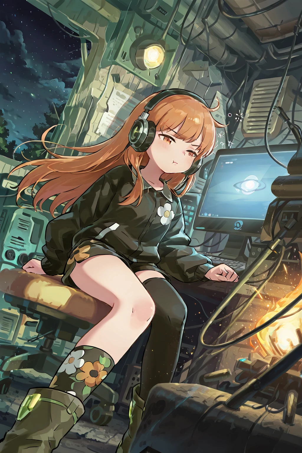 masterpiece,best quality, amazing quality, 8k resolution, fantasy, tra1ner, holofoil, holographic, prismatic, bored, sleepy, pouting, shirt, jacket, pants, sitting, computer room, headphones, computer monitor, glowing, dark, night, bloom, dreamy, floating particles, asymmetrical legwear, shorts, kneehigh boots, intricate floral print, fantastic composition, dutch angle, amazing artwork, BREAK, atmosphere, high resolution, ultra-detailed, newest, scenery, depth of field, volumetric lighting, clean sketch, gradient, wind lift