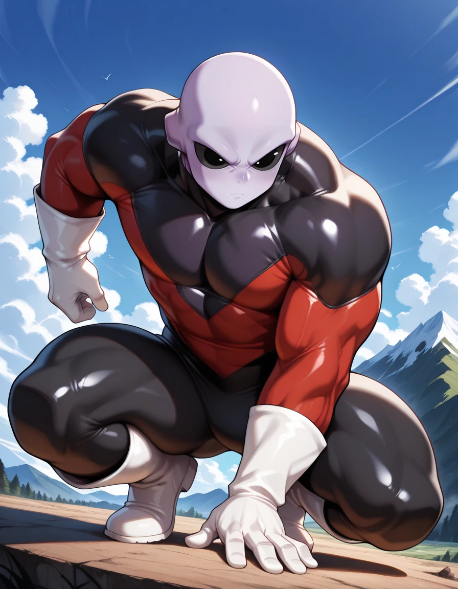 masterpiece, best quality, amazing quality, <lora:Jiren:1>, JirenIL, 1boy, solo. bald, male focus, black eyes, black sclera, muscular, colored skin, purple skin, bodysuit, black bodysuit, boots, white gloves, white footwear, thick thighs, outdoors, sky, day, cloud, mountain, dynamic pose, squatting, low angle, close up