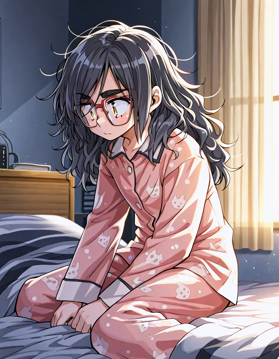 <lora:IrisStea_illust_v10:0.8> 1girl, solo, iris-nms, glasses, hair down, messy hair, pajamas, indoors, 
masterpiece, best quality, absurdres,