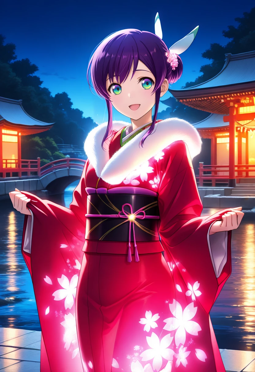 masterpiece, best quality, 1girl, solo, <lora:ill_mikono:1>, evol_mikono, cowboy shot, red kimono, furisode, glowing kimono, glittering, <lora:glowing-kimono-il-01:0.8>, purple hair, hair ornament, short hair, sidelocks, hair bun, gradient eyes, blue eyes, green eyes, looking at viewer, smile, open mouth, Japanese temple, cherry blossom, river, night
