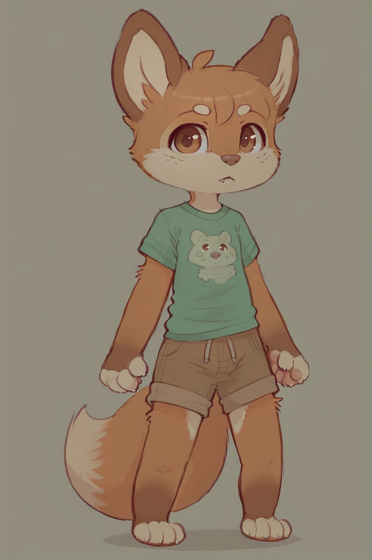 anthro, clothed, clothing, cub, cute fangs, fur, male, green shirt, brown shorts, simple background, solo, standing, topwear, young, young anthro, front view, by oldski, full body, fox, score_8 <lora:Skidoo_v2_tPony6.5+35:0.8>