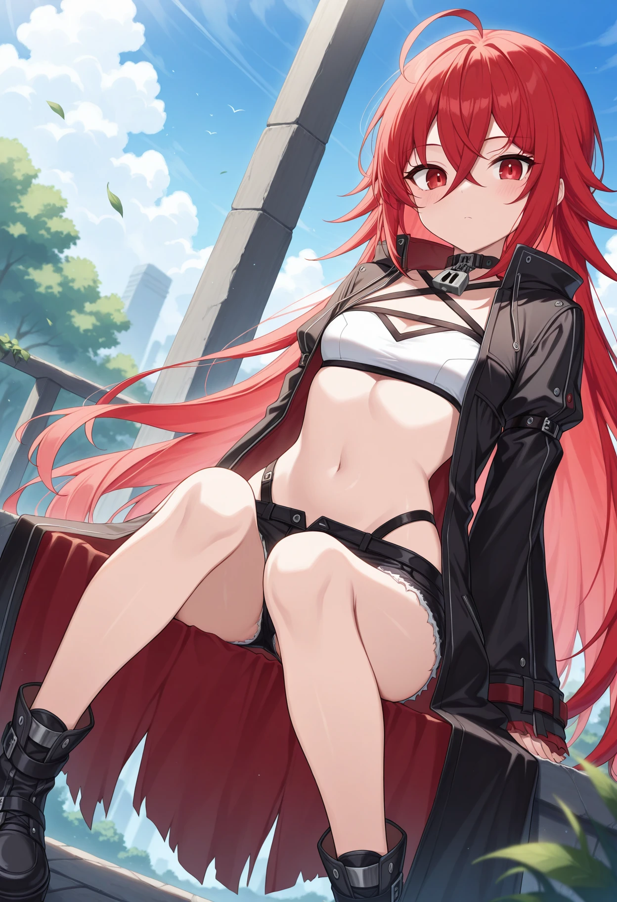 {{extremely detailed character}}, {3d}, {Stereoscopic feeling}, {beautiful detailed girl}, whole body, view straight on, legs, {sitting}, obesity, girl,woman,female, mature,30 years old, long hair, red hair, shiny hair, Beautiful face, smile, beautiful and detailed eyes, closed_mouth, delicate hands, {large_breasts}, red eyes, {Authentic skin texture}, black_gloves, {black_bikini}, red Clothes, outdoors, {{absurdres}}, {{extremely CG}}, {{extremely detailed CG unity 8k}},(dark skin),legs,put on a jacket,