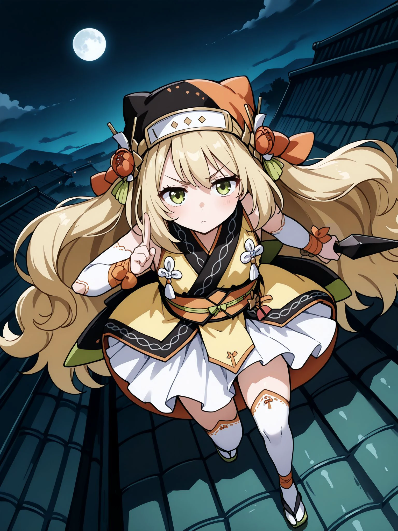 masterpiece,best_quality,1girl,solo,<<lora:ninja celine_illstriousXL:0.9>,ninja celine,hat,bridal gauntlets,sleeveless kimono,obi,white skirt,thighhighs,tabi,full body,running,on rooftop,serious,kuji-in,dutch angle,from above,holding kunai,<lora:kuji-in_XL_v1:0.8>,kuji-in,night