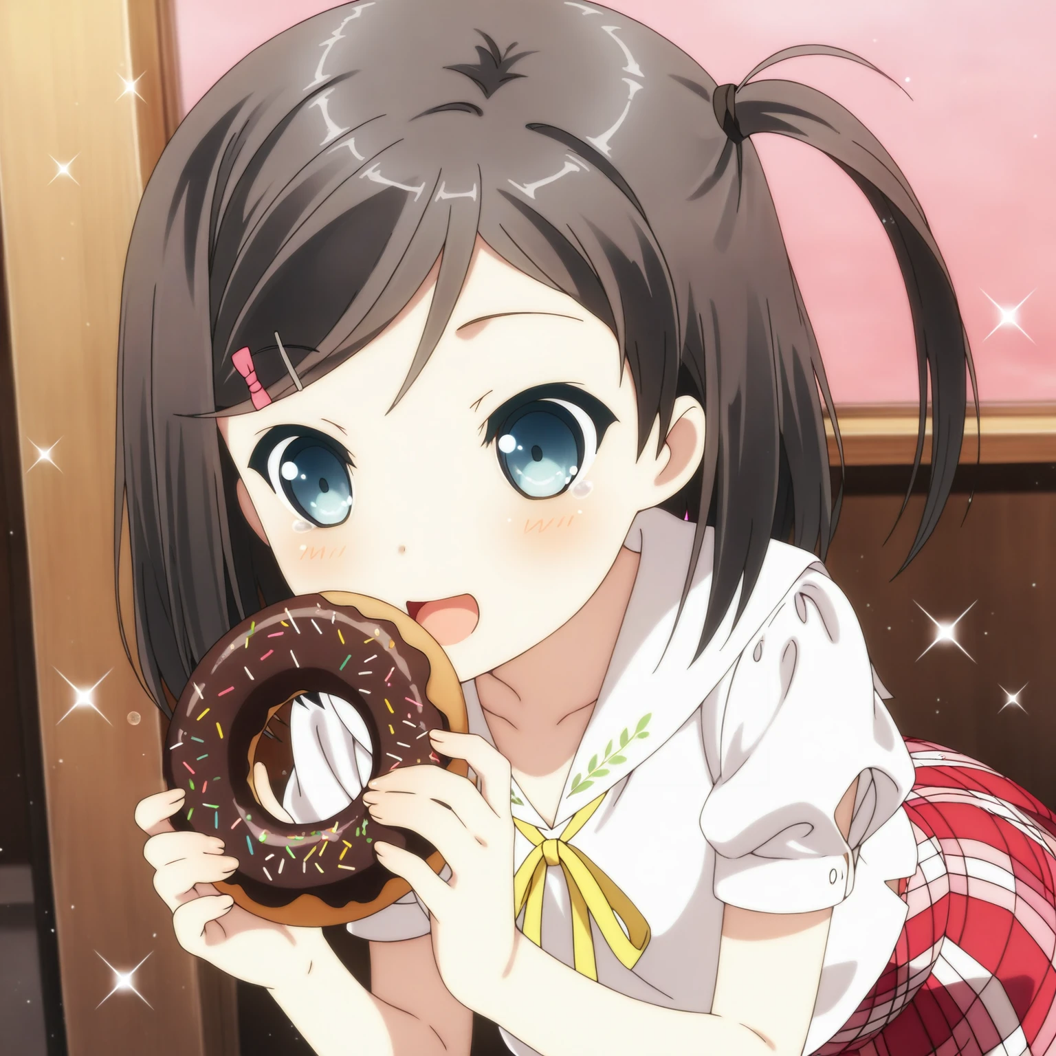masterpiece, best quality, amazing quality, very aesthetic, absurdres, tsutsukakushi tsukiko, blue eyes, one side up, 1girl, solo,uniform, white shirt, plaid skirt, yellow ribbon, holding doughnut, happy, surprised, love, bliss, evil, sparkles, bubbles <lora:tsukiko_v1:1>