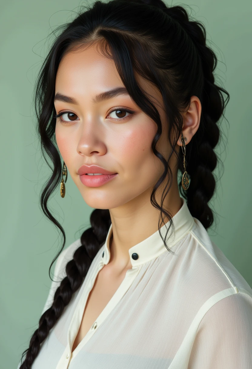 She is approximately 18 years old. Hyperrealism, she is looking at the camera, (dynamic angles), profile headshots of a beautiful, stunning unique female character. she has dark hair,long hair, braid. her eyes are filled with joy and excitement, extravagant eyelashes. a photo of BGv2, she is wearing a white frilly shirt. The woman is posing confidently. simple sage green colored background. She has a slight smile on her face and is looking directly at the camera. making this image a masterpiece of photography and digital art. realistic. making this image a masterpiece of photography and digital art. Style: realistic hyper-detailed rendering, 32k UHD, expressive eyes, punk, graphic design, girl's face, pretty and cute, gleaming lips, telling a tale of adventure. Exuding confidence and serenity. The overall mood of the image is happy and relaxed,detailed skin texture,(blush:0.2),(goosebumps:0.3),subsurface scattering,whimsical,Detailed hand, Perfect hand. Perfection style.