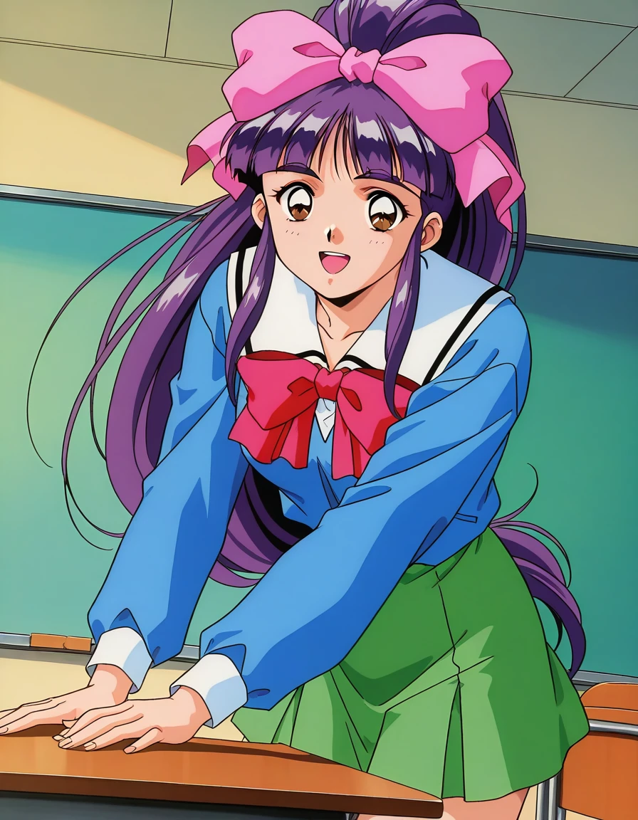 general,highres, ultra-detailed,very aesthetic,best quality ,best hands, BREAK <lora:Midou_Miko_IS:1> Midou_Miko, 1girl,solo, pink bow, purple hair, long hair,hair ribbon, brown eyes, ponytail, bangs, 1990s (style), anime coloring,
bow, light green skirt, blue school uniform, smile, 1990s (style), open mouth, long sleeves, red bow,
class room,
