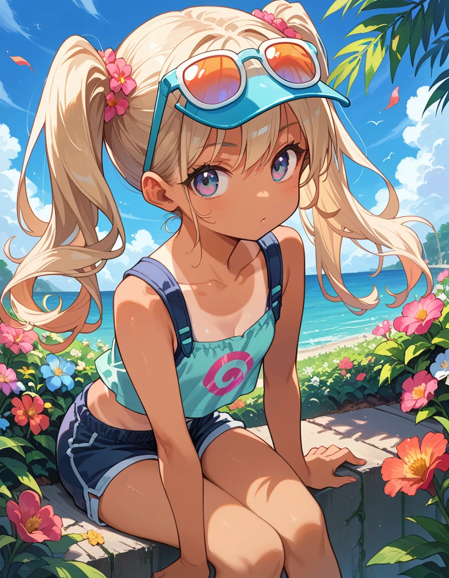 score_9, score_8_up, score_7_up,source_anime, 
1girl, solo, eyewear on head, shorts, twintails, tan, long hair, tanlines, flowers