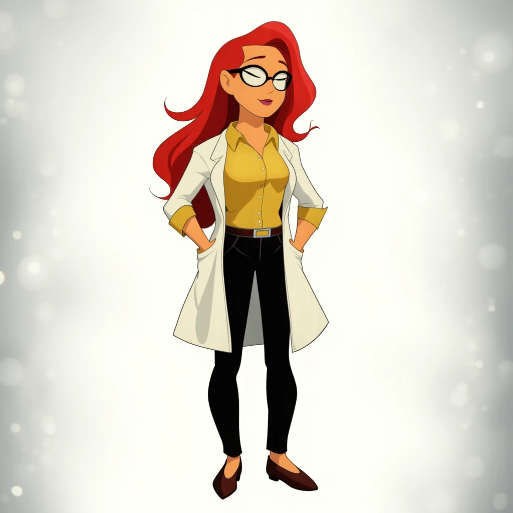 cinematic film still of <lora:Poison Ivy style v1:0.8>
Dr. Pamela Isley a cartoon character with a red hair and a white coat, perfect image, perfect body, perfect anatomy, Poison Ivy style, solo, long hair, simple background, shirt, white background, full body, red hair, glasses, belt, orange hair, parody, hands in pockets, labcoat, style parody, collared shirt, pants, transparent background, brown footwear, yellow shirt, opaque glasses, shoes, smile, closed mouth, standing, closed eyes, black pants, lab coat, long sleeves, shallow depth of field, vignette, highly detailed, high budget, bokeh, cinemascope, moody, epic, gorgeous, film grain, grainy