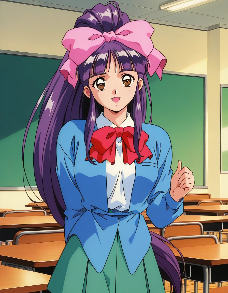 general,highres, ultra-detailed,very aesthetic,best quality ,best hands,  BREAK <lora:Midou_Miko_IS:1> Midou_Miko, 1girl,solo, pink bow, purple hair, long hair,hair ribbon, brown eyes, ponytail, bangs, 1990s (style), anime coloring,
 bow,  light green skirt, white shirt, dark blue jacket, smile,looking at viewer, cowboy_Shot,
school uniform, smile, 1990s (style), open mouth, long sleeves,  red bow,
class room,