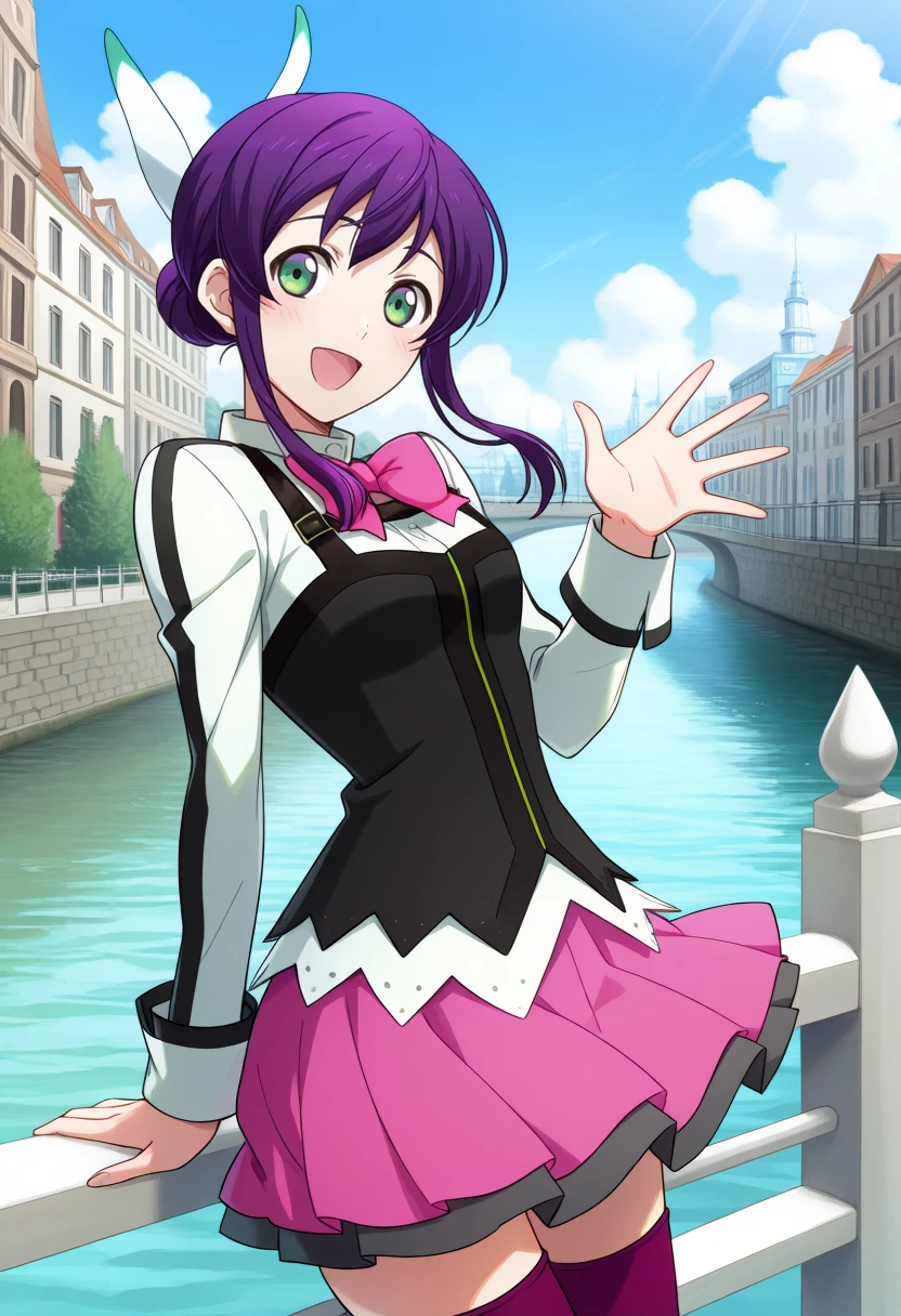 masterpiece, best quality, 1girl, solo, <lora:ill_mikono:1>, evol_mikono, cowboy shot, school uniform, pink bowtie, long sleeves, pink skirt, purple thighhighs, purple hair, hair ornament, short hair, sidelocks, hair bun, gradient eyes, blue eyes, green eyes, looking at viewer, smile, open mouth, waving hand, Switzerland city, river, blue sky, at noon