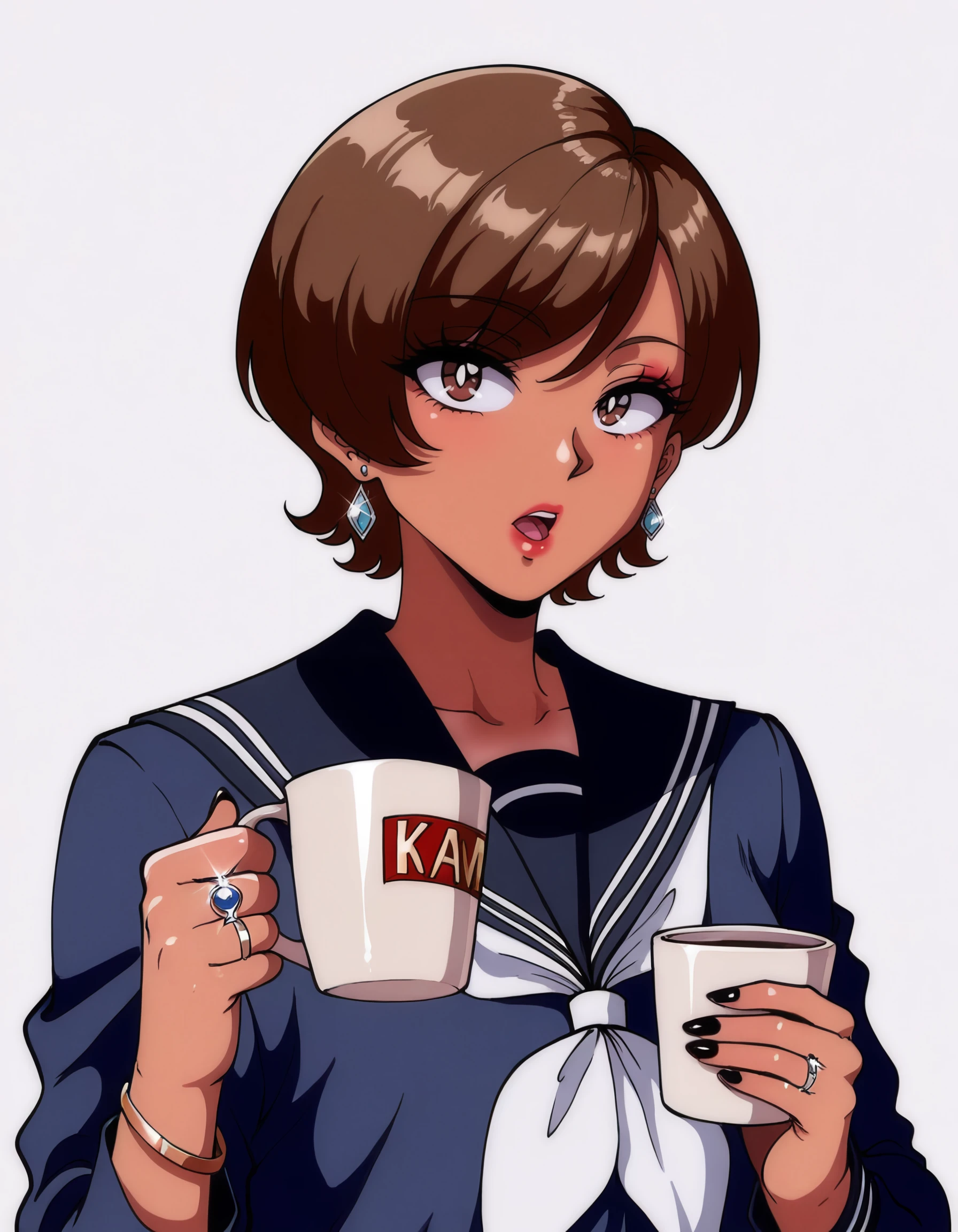 <lora:mio_katou_il:1> rating:safe, mio_katou, dark-skinned_female, brown_hair, short_hair, brown_eyes, tan, tanlines, school_uniform, serafuku, sailor_collar, neckerchief, 1girl, black_nails, bracelet, cup, earrings, eyelashes, holding, holding_cup, jewelry, k-pop, looking_at_viewer, makeup, open_mouth, red_lips, ring, solo, upper_body, white_background, (nyantcha:1.0), (1990s_\(style\)),, masterpiece, detailed, best_quality