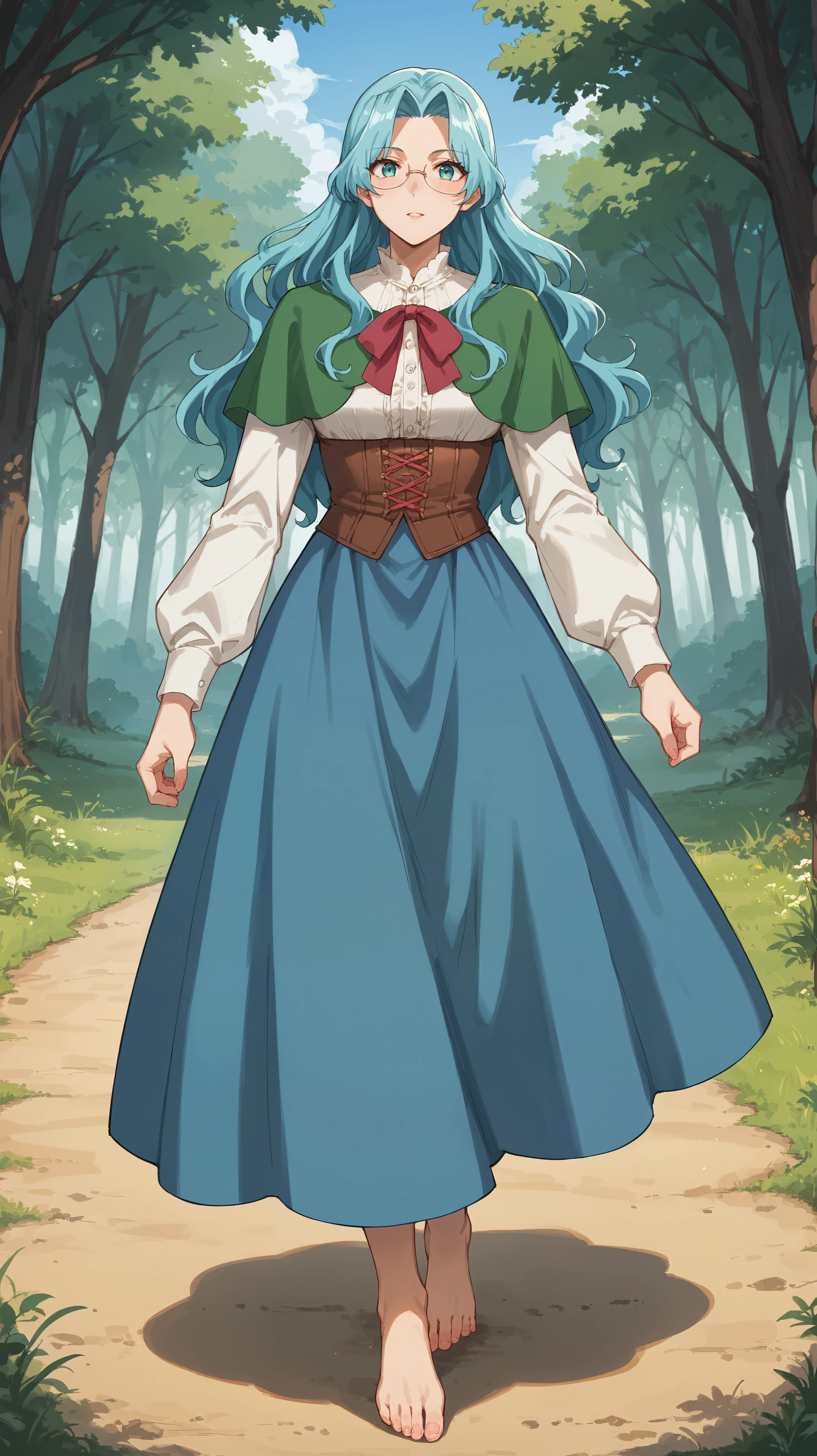 score_9,score_8_up,score_7_up,score_6_up, <lora:xl_more_art-full_v1:0.5>, source_anime, woman, dynamic pose, toe-point, <lora:Eva Aensland - Pony-000004:0.8>, long hair, aqua hair, aqua eyes, round glasses, green capelet, red ribbon, white blouse, brown corset, long dress, blue dress, white dress, multicolored dress, forest, vegetation, large trees, grass path,