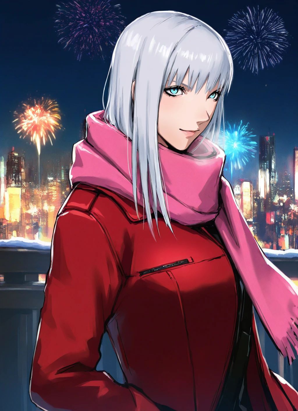 artist:, masterpiece, best quality, newest, very awa, absurdres, highres, tmnh, 1girl, cibo, gentle smile, white hair, blue eyes, red winter jacket, pink scarf, winter, city, fireworks, detailed, <lora:Tsutomu_Nihei_Blame_Style_Illustrious:1.0>