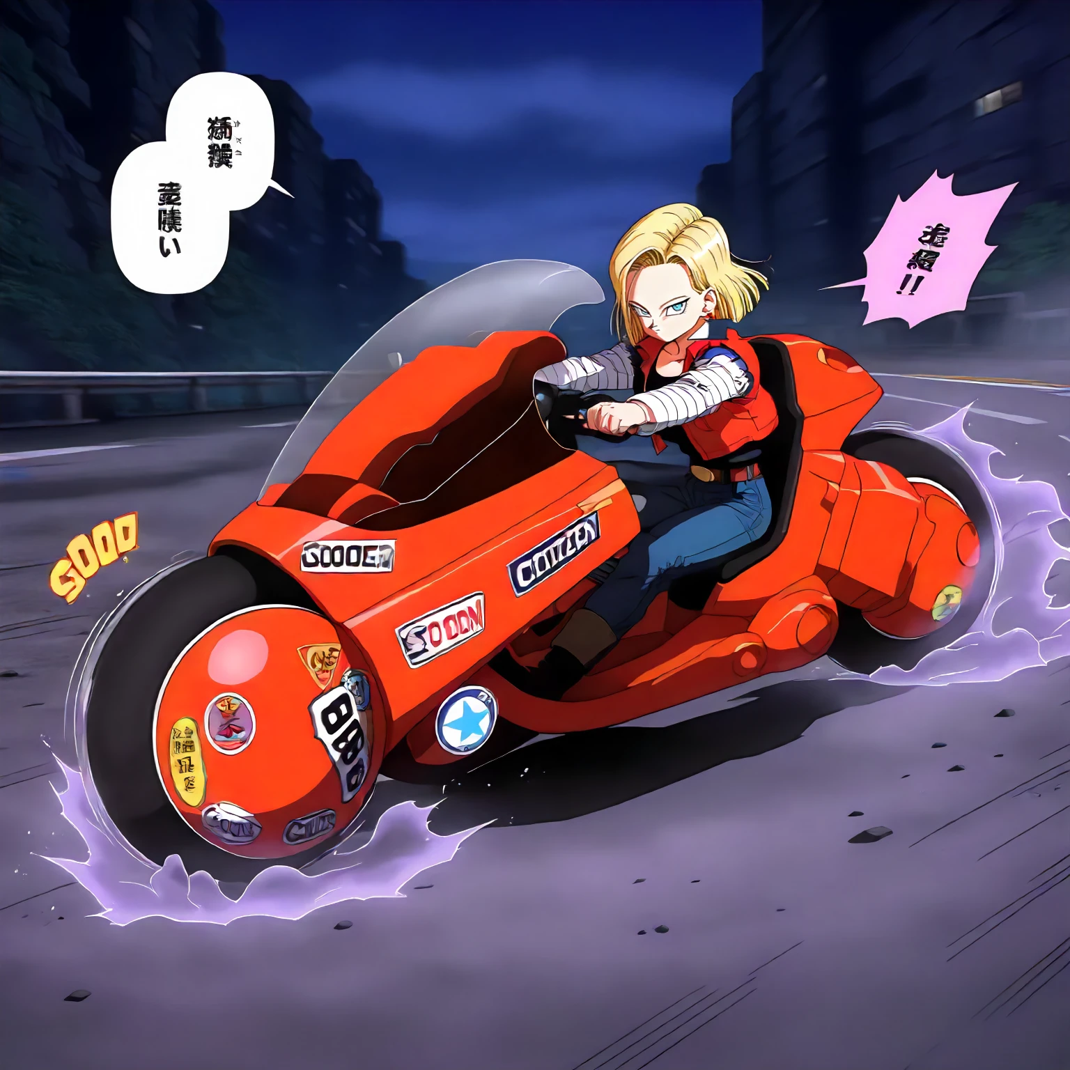 <lora:akira_kaneda_shoutarou's_bikeXLIllustrious002>,
masterpiece,best quality,good quality,newest,
detailed background,outdoors,
looking at viewer,
solo,
anime coloring,
1girl,android 18,dragon ball,aura effect,
fog,glowing,
(sound effect:1.3),motion_blur,motion line,speed_lines,
speech bubble,
riding,
kaneda_shoutarou's_bike\(akira\),big scooter,large motorcycle,tire,red motorcycle,emblem,sticker,logo,ground vehicle,