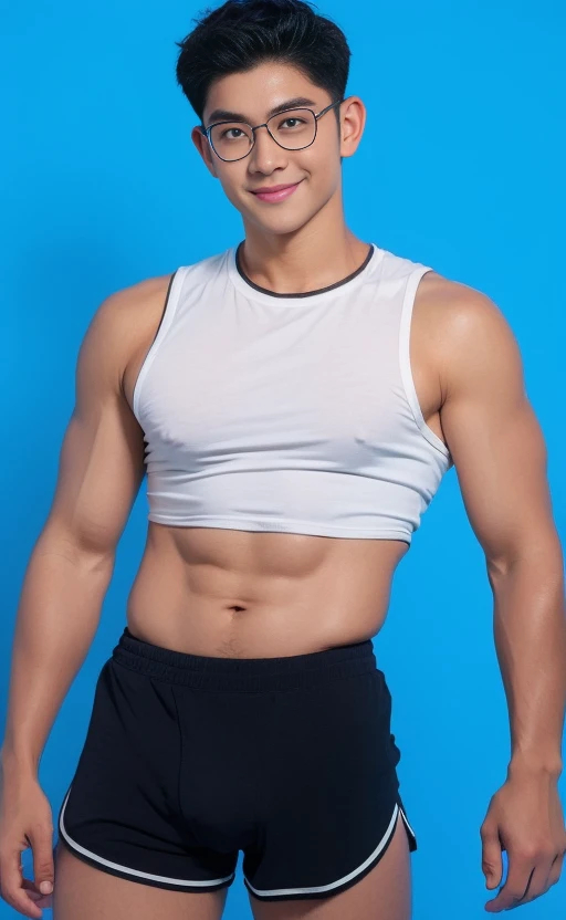 Japanese men、12 years old、Muscles and smooth skin、Very short black hair、Relaxed smile、Light-colored boxer briefs、The whole body is well visible、Pumping one's fist at the entrance