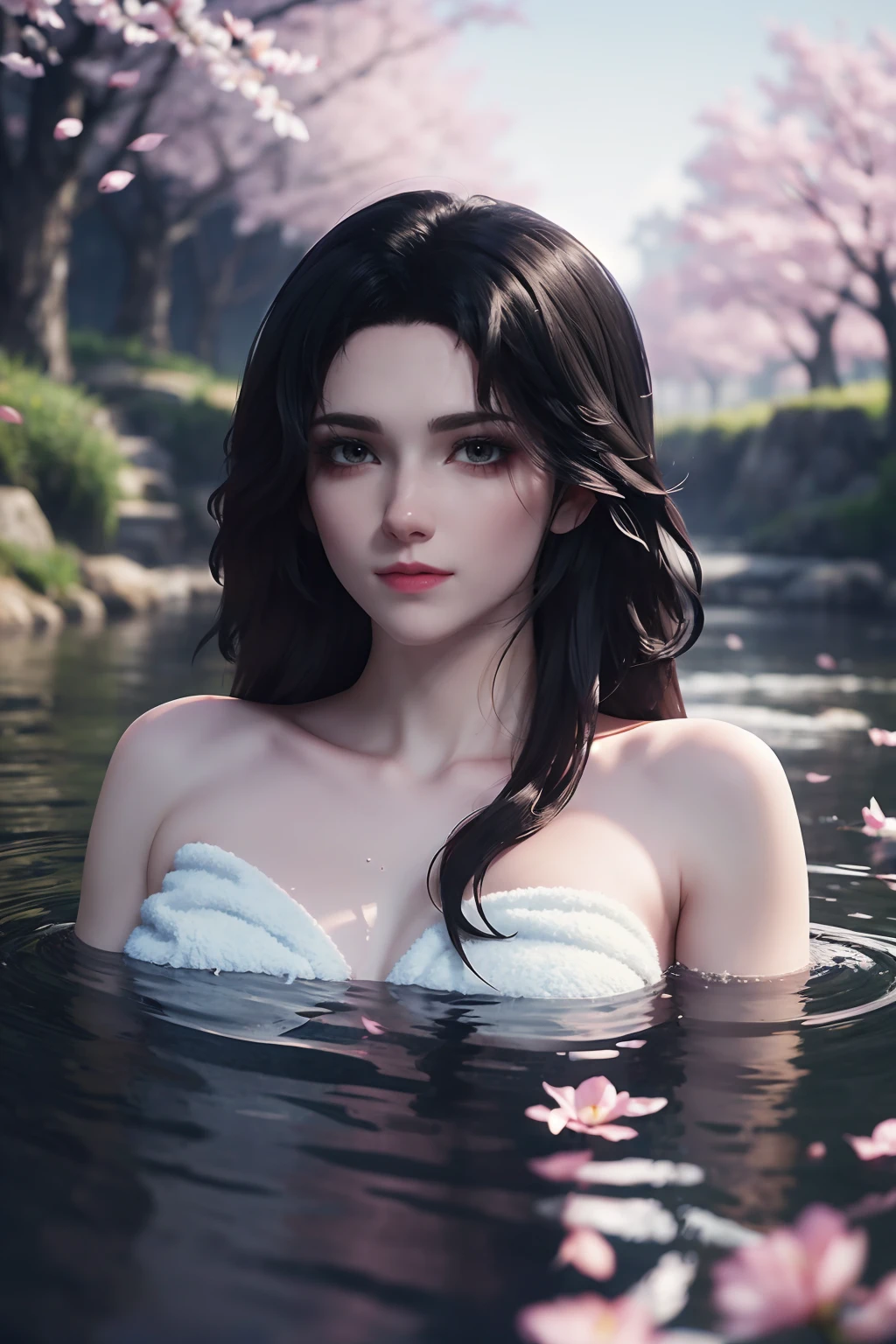 xuanyi,1girl,solo,(naked towel),in water,looking at viewer,nature,nature,onsen,sky,cherry blossoms,rose petals,((glowing)),romantic,foreshortening,depth of field,Highly detailed,(ultra-detailed),(best quality:1.5,masterpiece:1.5),<lora:xuanyi-000010:0.9>,<lora:æè£å¢å:0>,