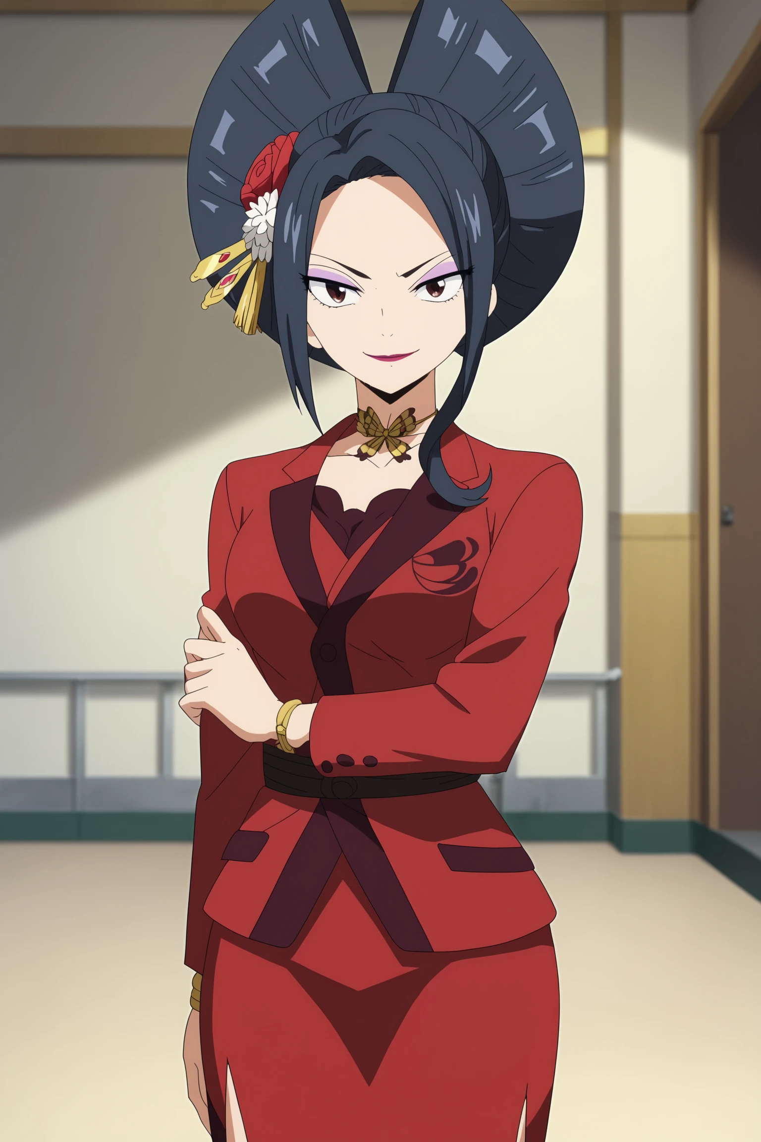 score_6_up, score_5_up, score_4_up, score_9, score_8_up, score_7_up, highly detailed, anime_source, anime_screencap, anime coloring, 1girl, solo, breasts, black hair, hair ornament, jacket, formal dress, suit, pencil skirt, office lady, skirt suit, brown eyes, jewelry, hair flower, makeup, lipstick, eyeshadow, kurenai_kogetsu, <lora:RGV_kurenai_edenzero:0.8>, indoors, looking at viewer, smile, cowboy shot